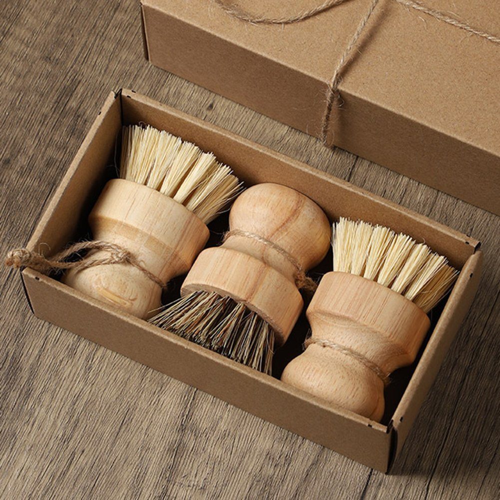 Spülbürste Runde 3 Stück Bambus Brush Atäsi Palm Pot Reinigungsbürsten-Set Mini Reinigungsset