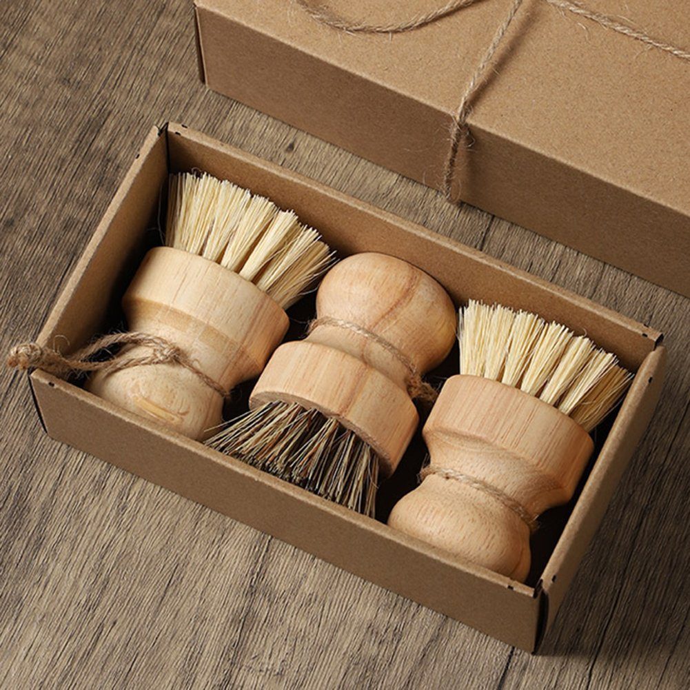 Atäsi Reinigungsbürsten-Set 3 Stück Palm Pot Brush Bambus Runde Mini  Spülbürste Reinigungsset