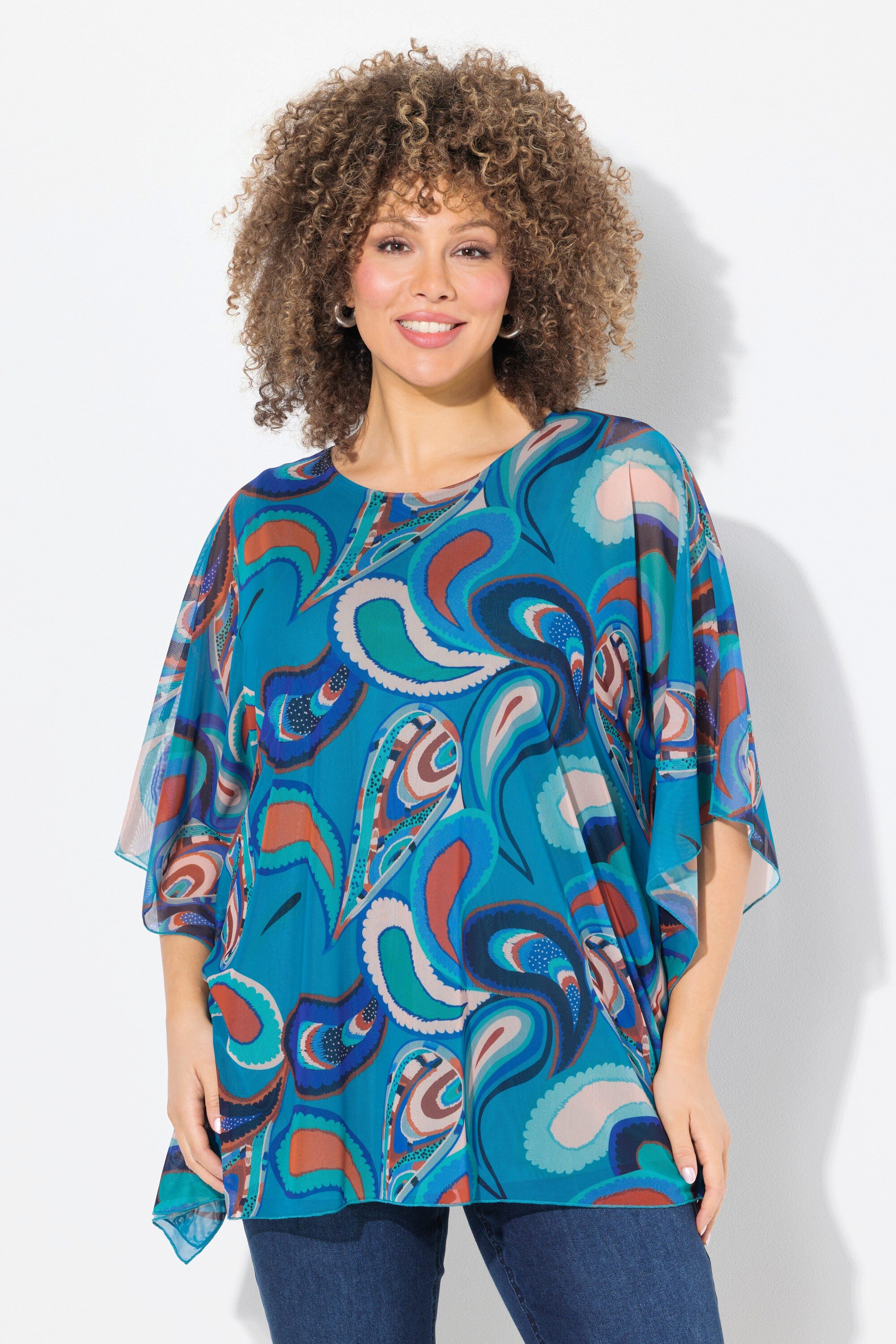 Longbluse Bluse doppellagig Oversized Rundhals Halbarm