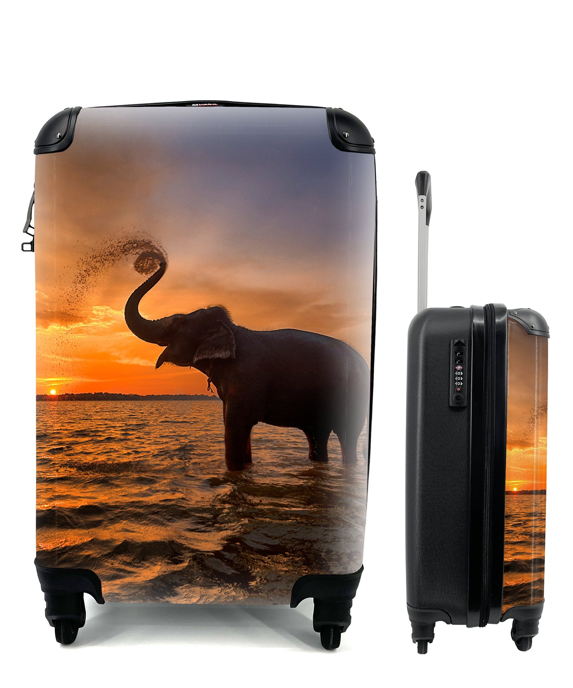 MuchoWow Handgepäckkoffer Elefant 4 Sonnenuntergang - Ferien, Meer - - Reisekoffer für Trolley, mit Rollen, Reisetasche Orange, rollen, - Tiere Handgepäck
