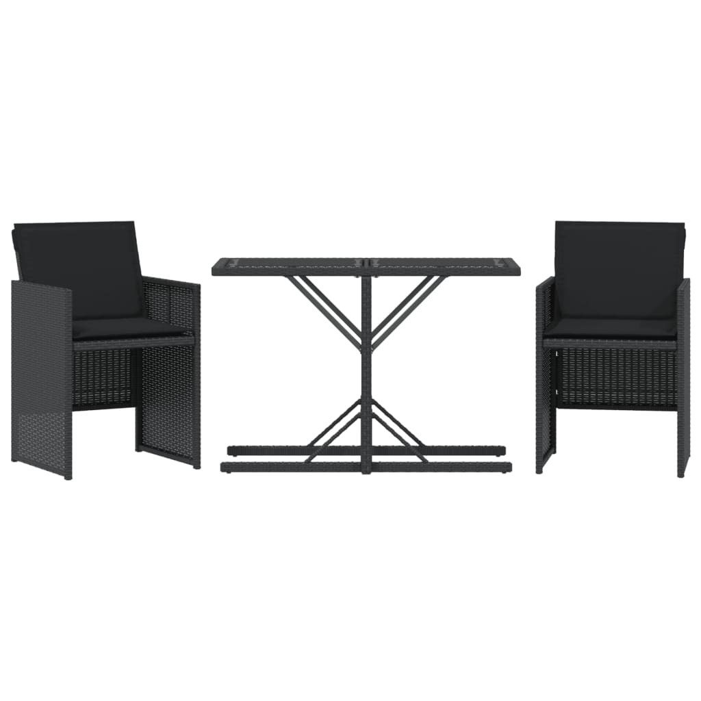 vidaXL Gartenlounge-Set 3-tlg. Bistro-Set mit Kissen Schwarz Poly Rattan, (1-tlg)