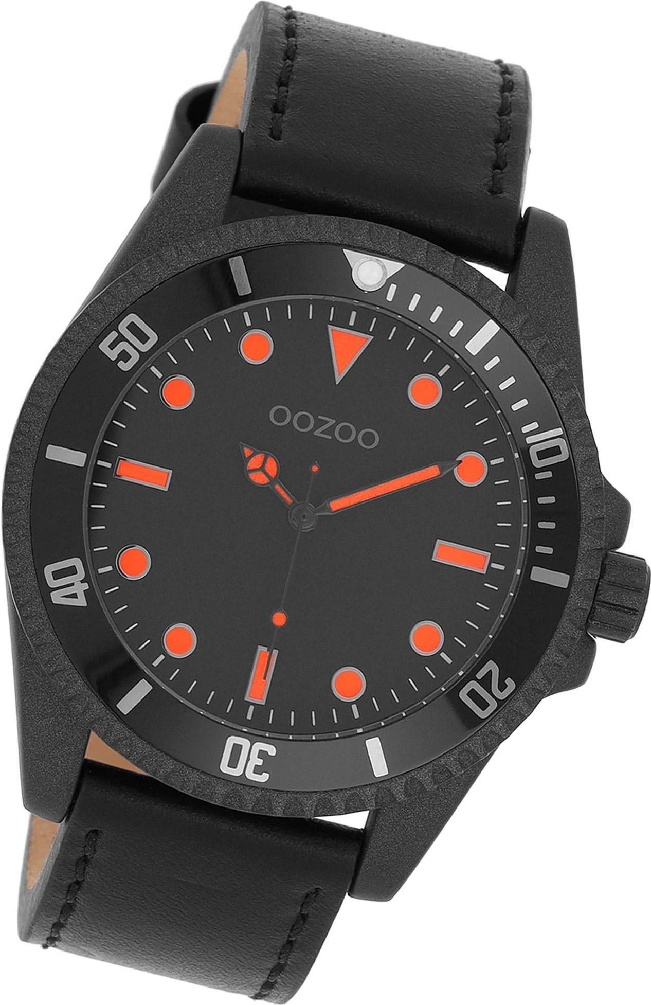 OOZOO Quarzuhr Oozoo Herren Armbanduhr Timepieces, Herrenuhr Lederarmband schwarz, rundes Gehäuse, groß (ca. 44mm)