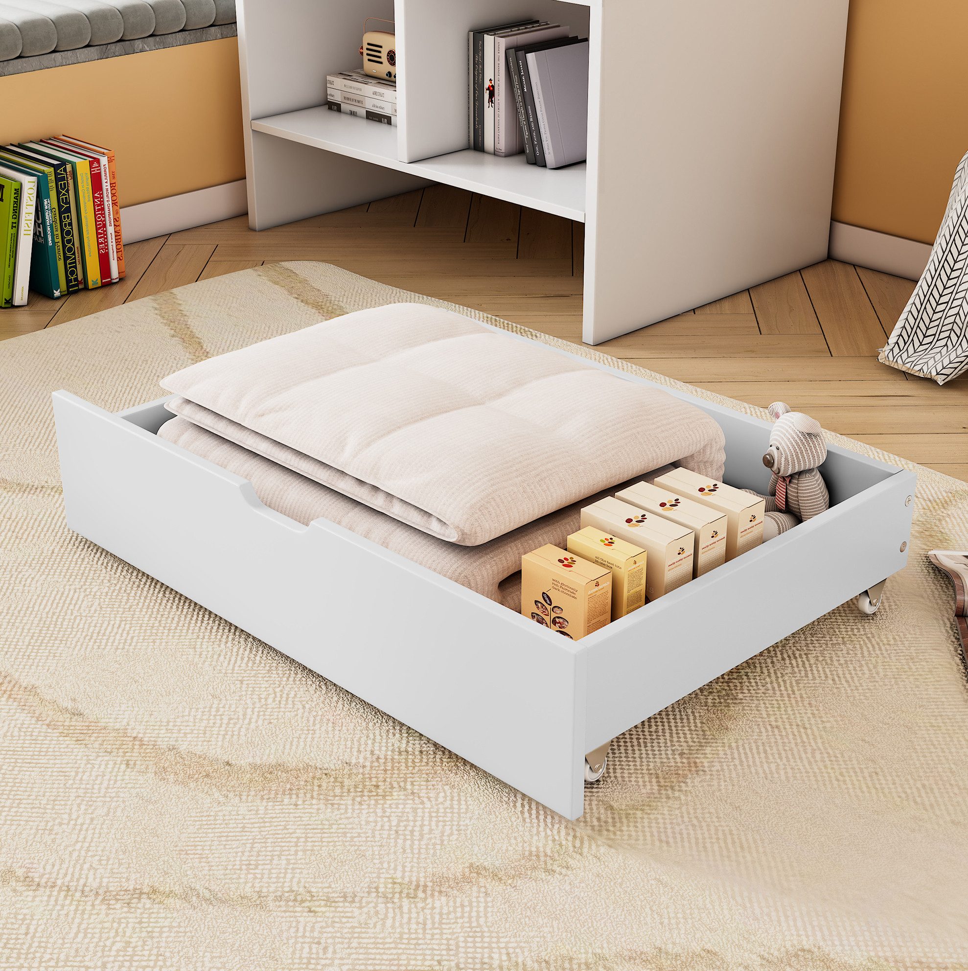 OKWISH Schubkasten 2 weiße Rollschubladen für Bett oder Regal (viel Stauraum, leicht beweglich), MDF, Rollen, 93x66,5x20 cm