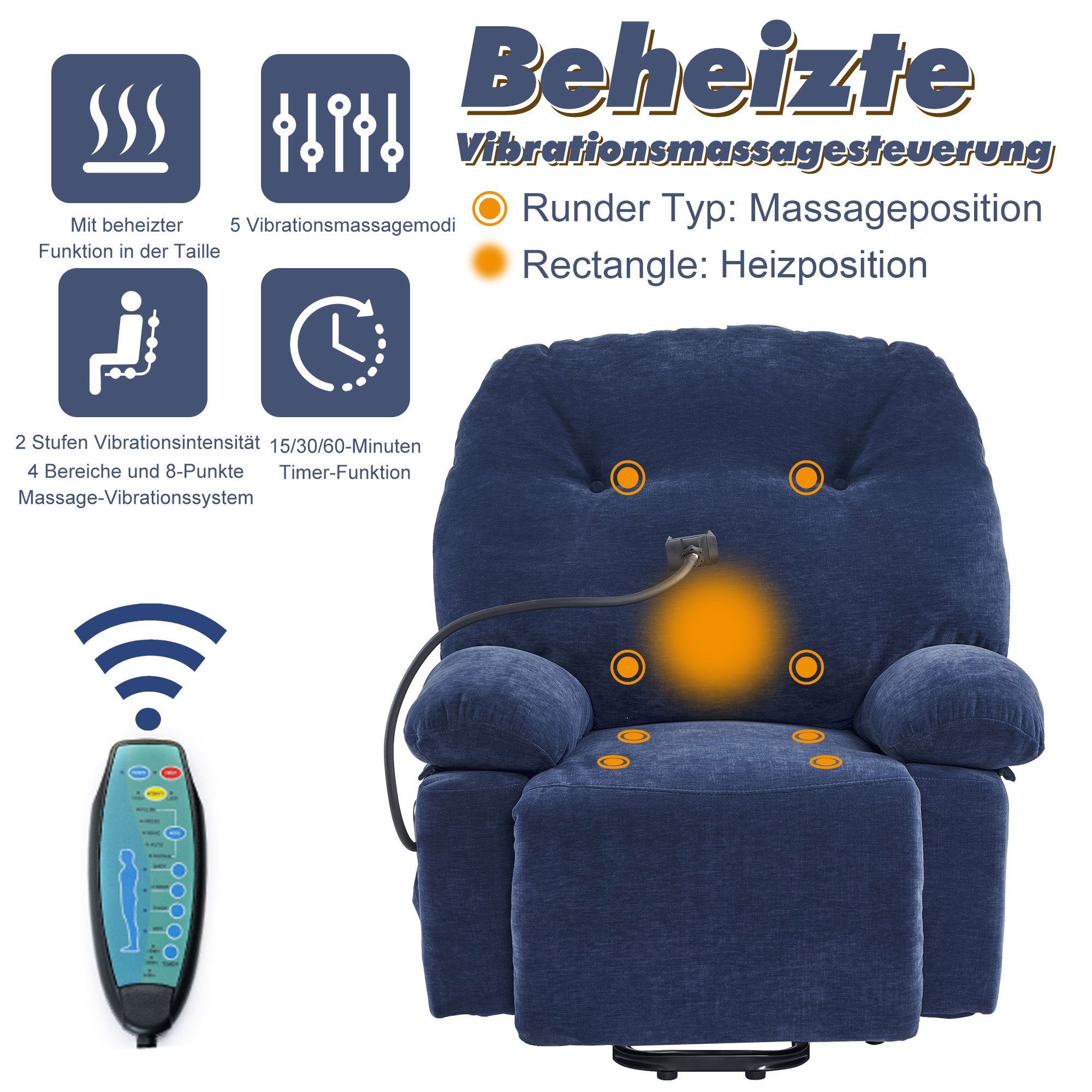 Relaxsessel Wärmefunktion Loungesessel Blau/Grau Halterung Massagesessel Odikalo gepolstert