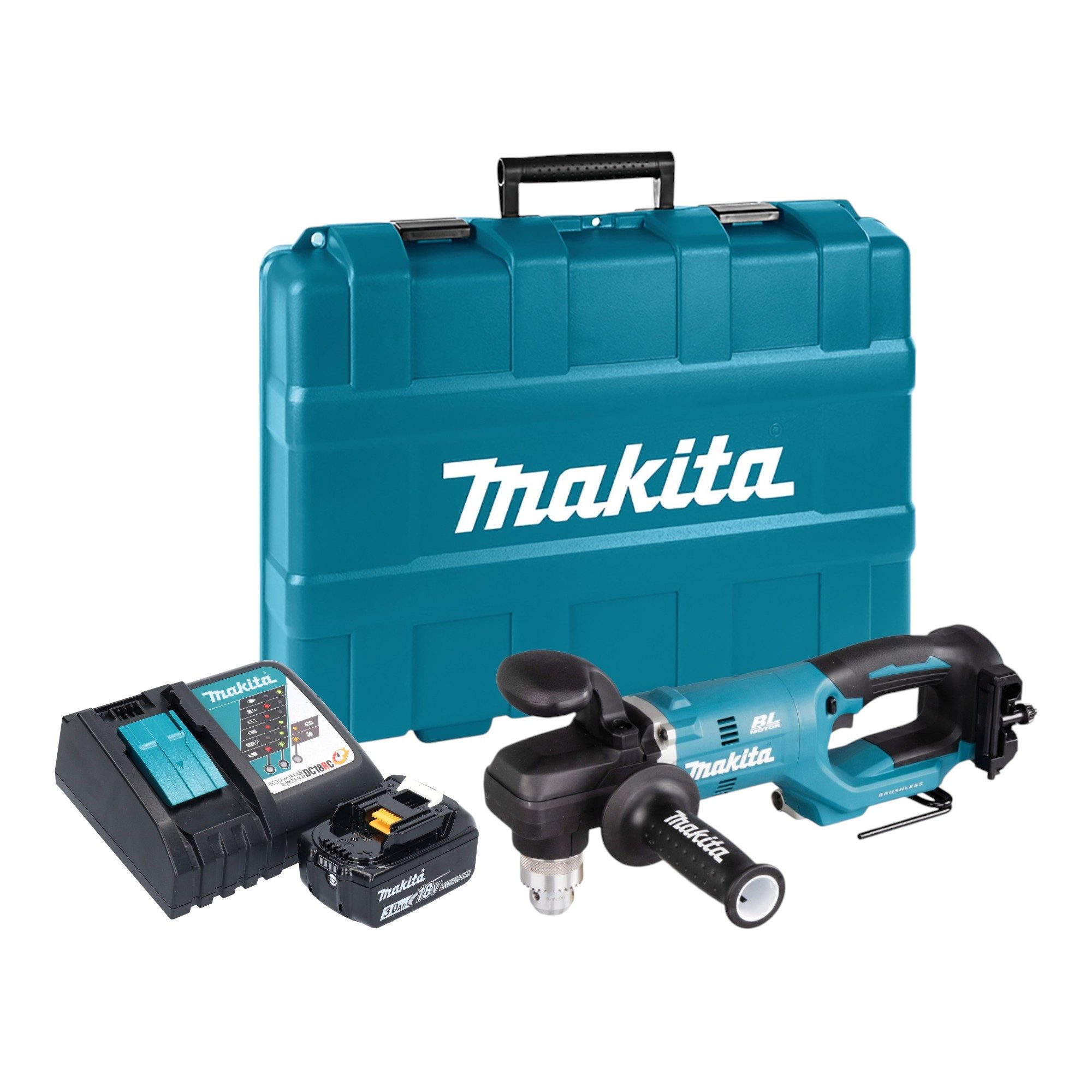 Makita Akku-Winkelbohrmaschine DDA 450 RF1K 18 V 70 Nm Brushless + 1x Akku 3,0Ah + Ladegerät + Koffer