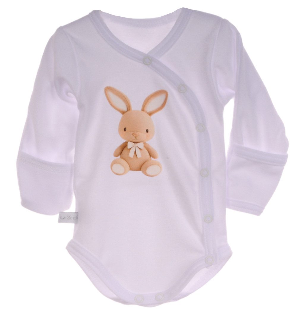 Wickelbody Baby Langarmbody mit Kratzschutz Body weiß oder creme mit Hasen