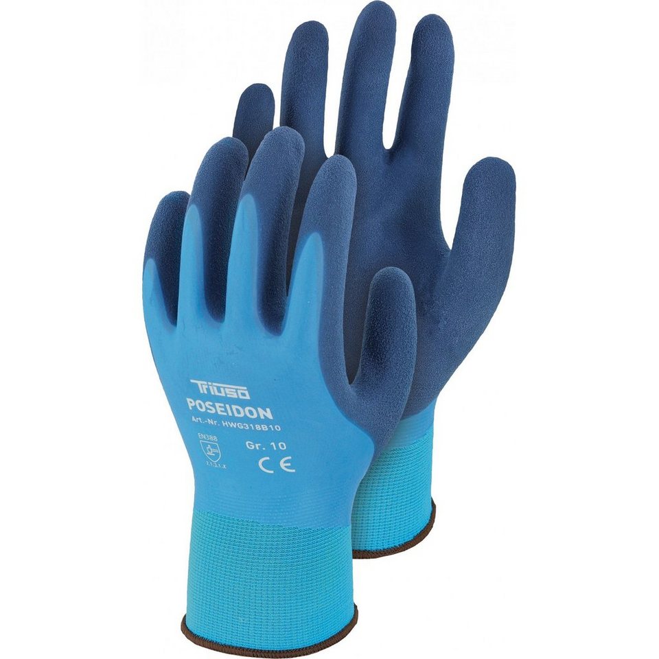 Triuso Arbeitshandschuhe Nylon-Handschuh Poseidon mit Latex-Beschichtung  wasserdicht, Schutz vor schwachen Säuren, Alkoholen