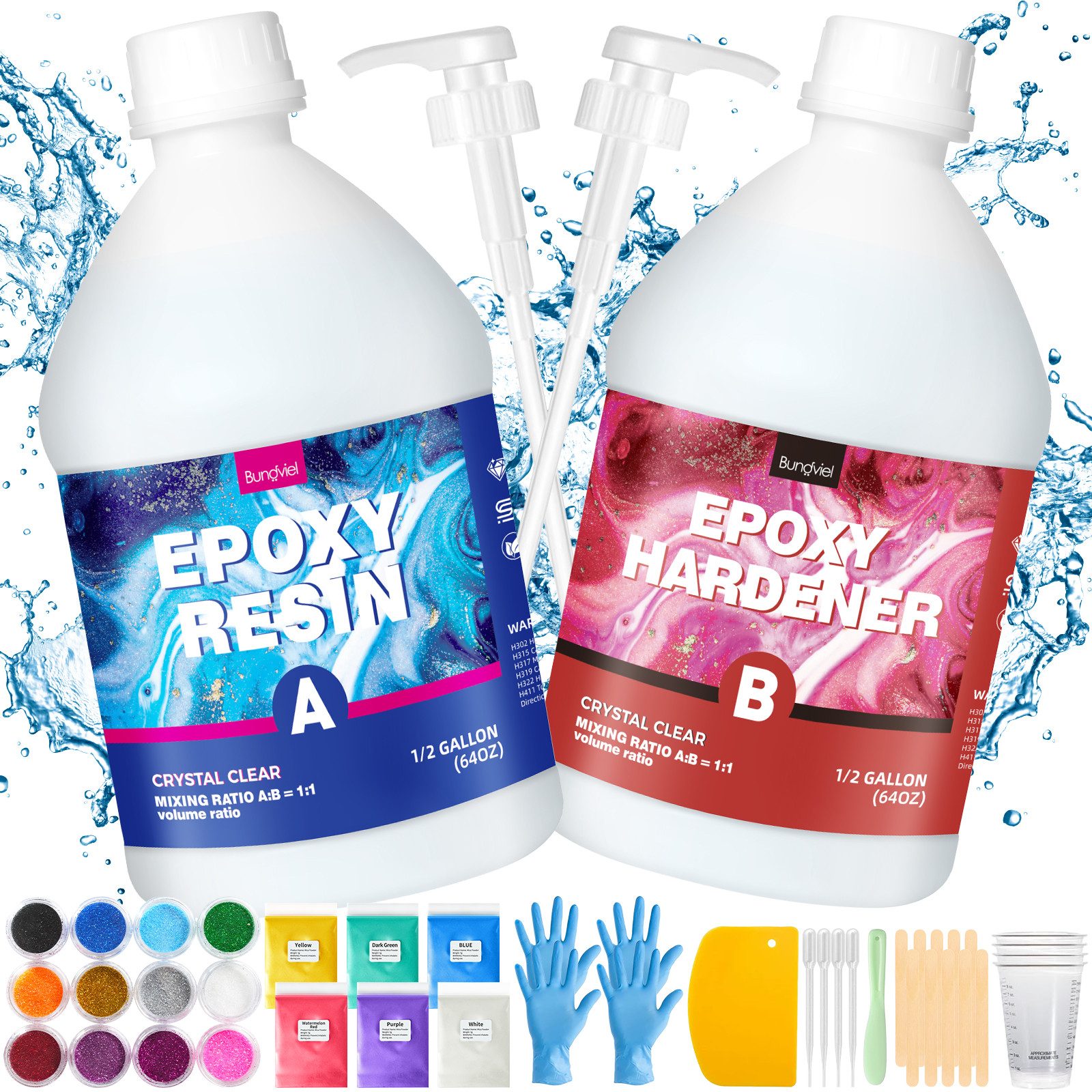 Bundviel Epoxidharz 256/128/70/64/35oz Epoxidharz Mit Härter Set,Epoxidharz Set Anfänger (50-St., mit Messbecher, Rührstab, Färbepulver, Pipette und Handschuhen), für DIY Schmuckherstellung,Handwerk,Holz,Aquarium