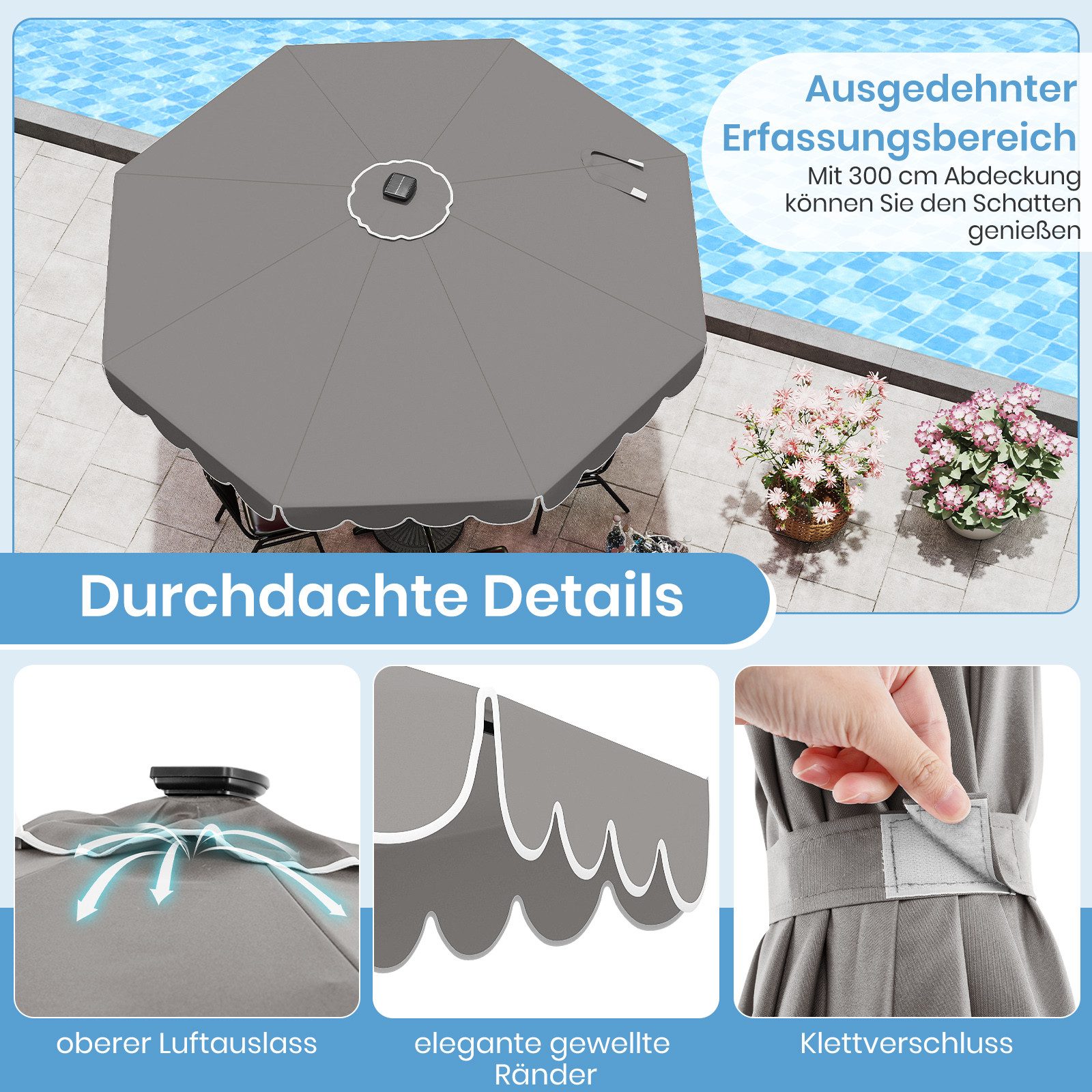 Thumbnail - KOMFOTTEU Sonnenschirm, 35° neigbarer Gartenschirm Terrassenschirm mit LED-Beleuchtung