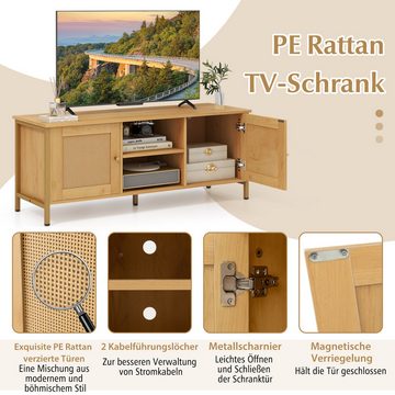 COSTWAY TV-Schrank mit 2 Türen aus Rattan & Fächern, Holz, 120x40x48cm