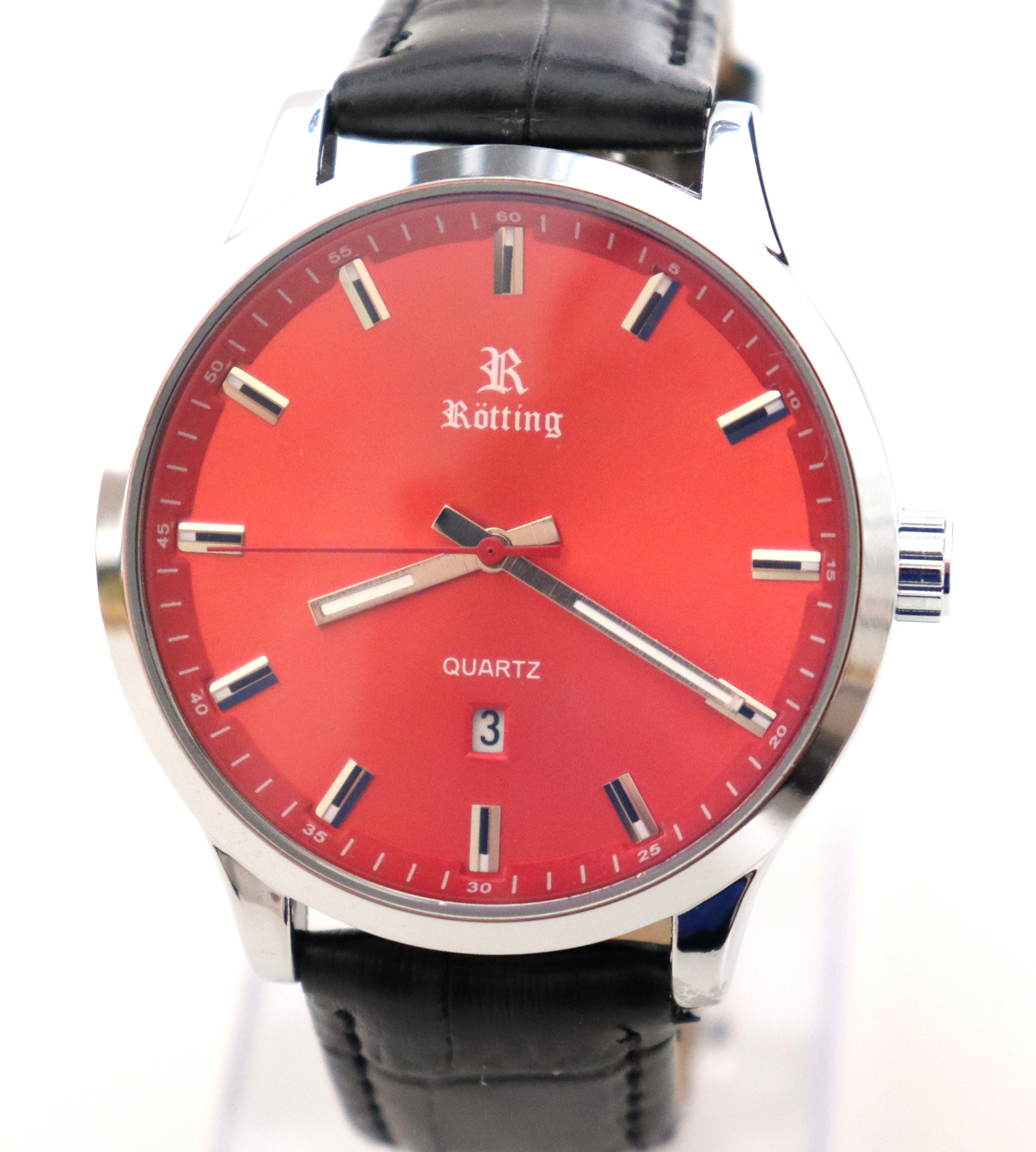 Rötting Design Quarzuhr Herrenuhr Armbanduhr rotes Ziffernblatt DATUM schwarzes Lederarmband, Edelstahl