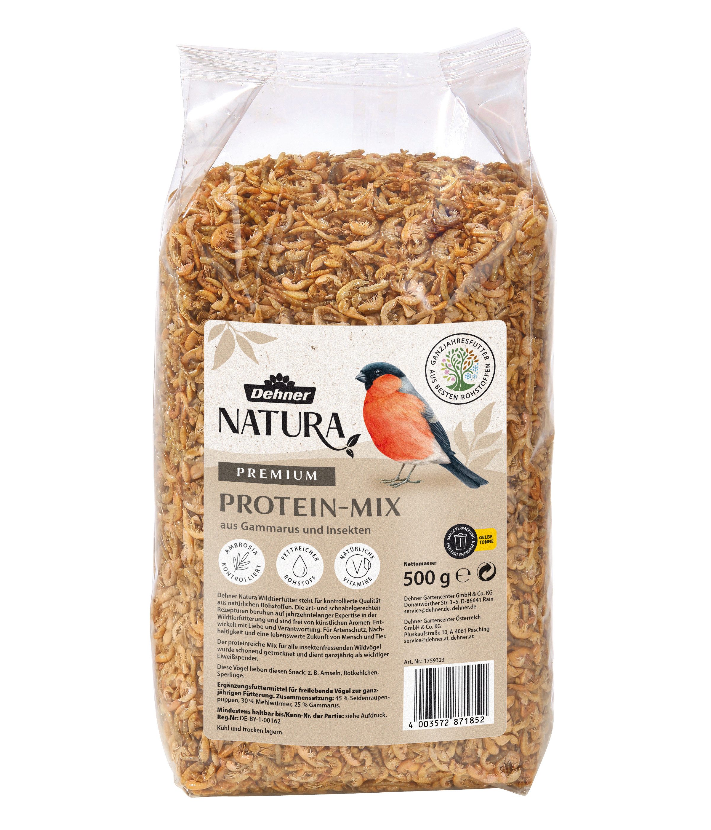 Dehner Natura Premium Wildvogelfutter, Protein-Mix, 500 g Insekten, Hauptfutter für: Wildvogel, Gartenvögel, aus Gammarus / Insekten, Ganzjahres Vogelfutter