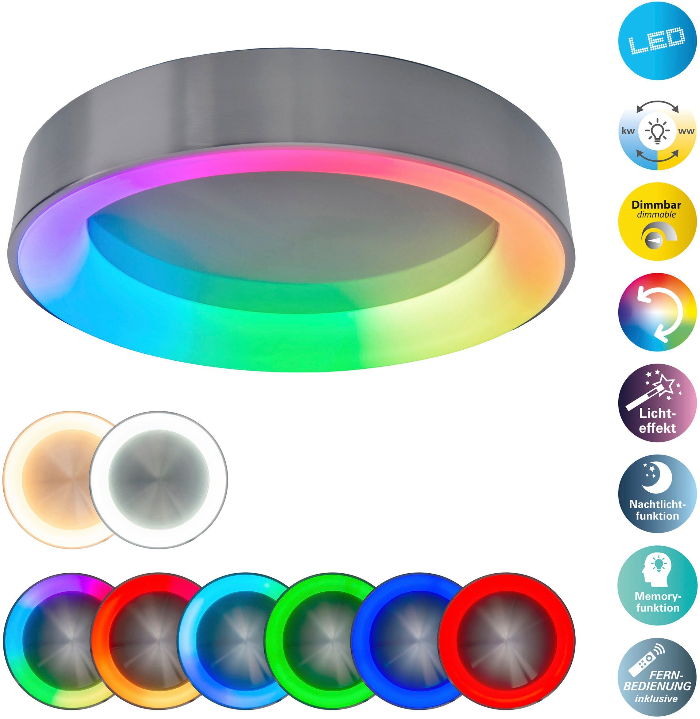 CCT, CCT Warmweiß, inkl., Infrarot LED Nachtlicht-, Rainbowfarben, Multo, - Memoryfunktion, Fernbedienung, LED fest dimmbar Neutralweiß, näve Dimmfunktion, RGB, integriert, Fernbedien., Fernbedienung, Deckenleuchte über