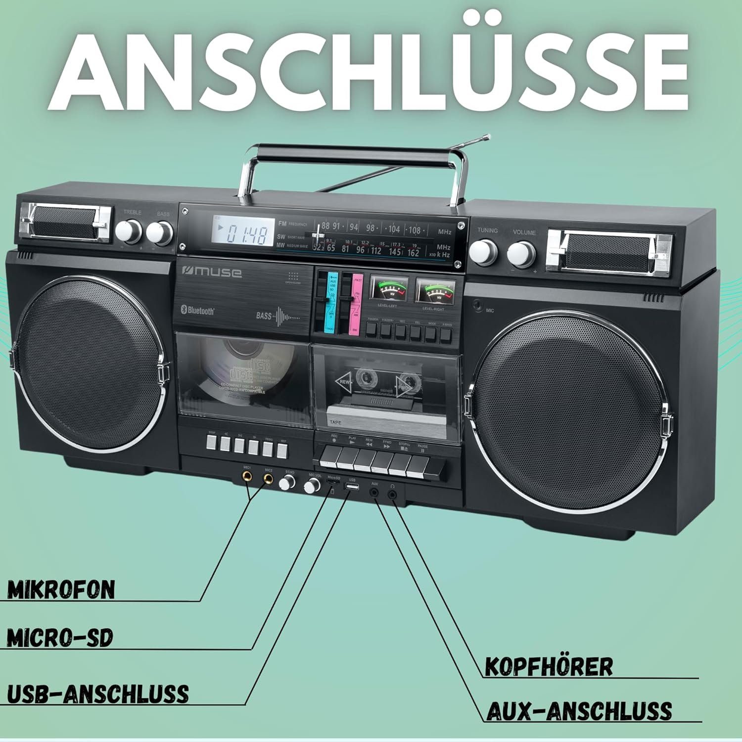 Muse Bluetooth Retro mit Radio, CD, Kassettenrekorder Boombox (CD / CD-R / CD-RW / MP3)