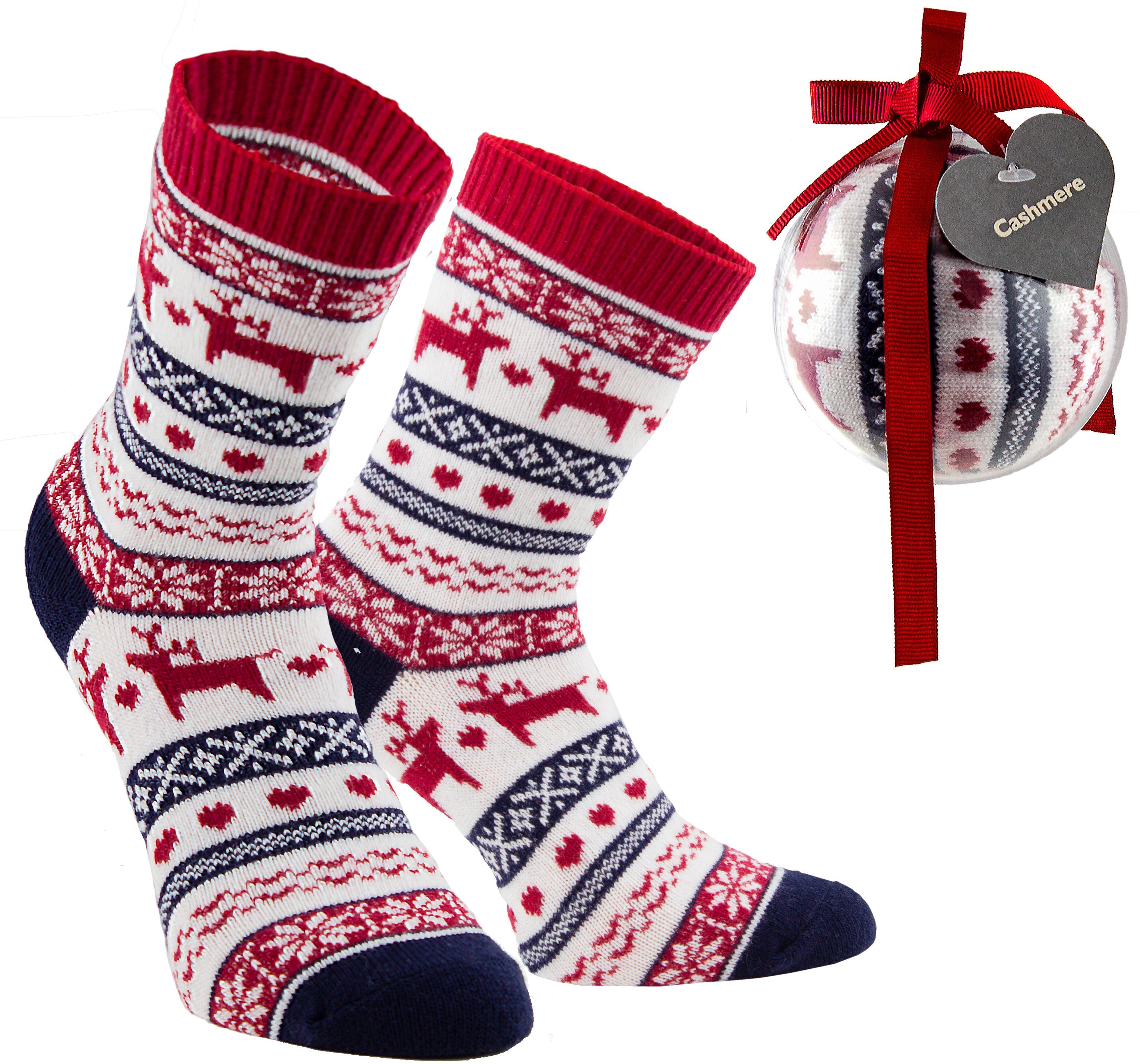 BRUBAKER Norwegersocken Damen- oder Mädchensocken Kaschmir in Socken-Geschenkset Isle (1-Paar) im Weihnachtskugel Fair Touch Design