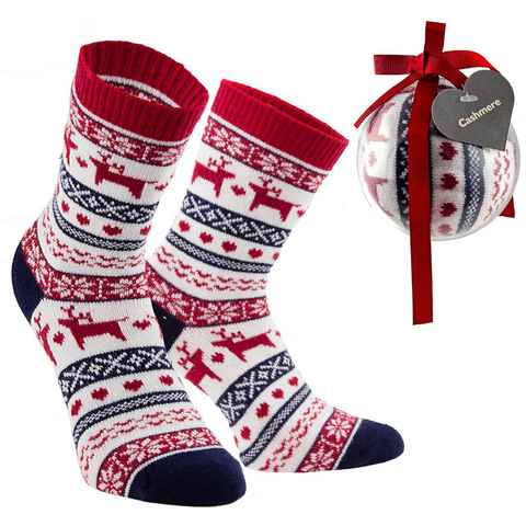 BRUBAKER Norwegersocken Damen- oder Mädchensocken Kaschmir Touch (1-Paar) Socken-Geschenkset im Fair Isle Design in Weihnachtskugel