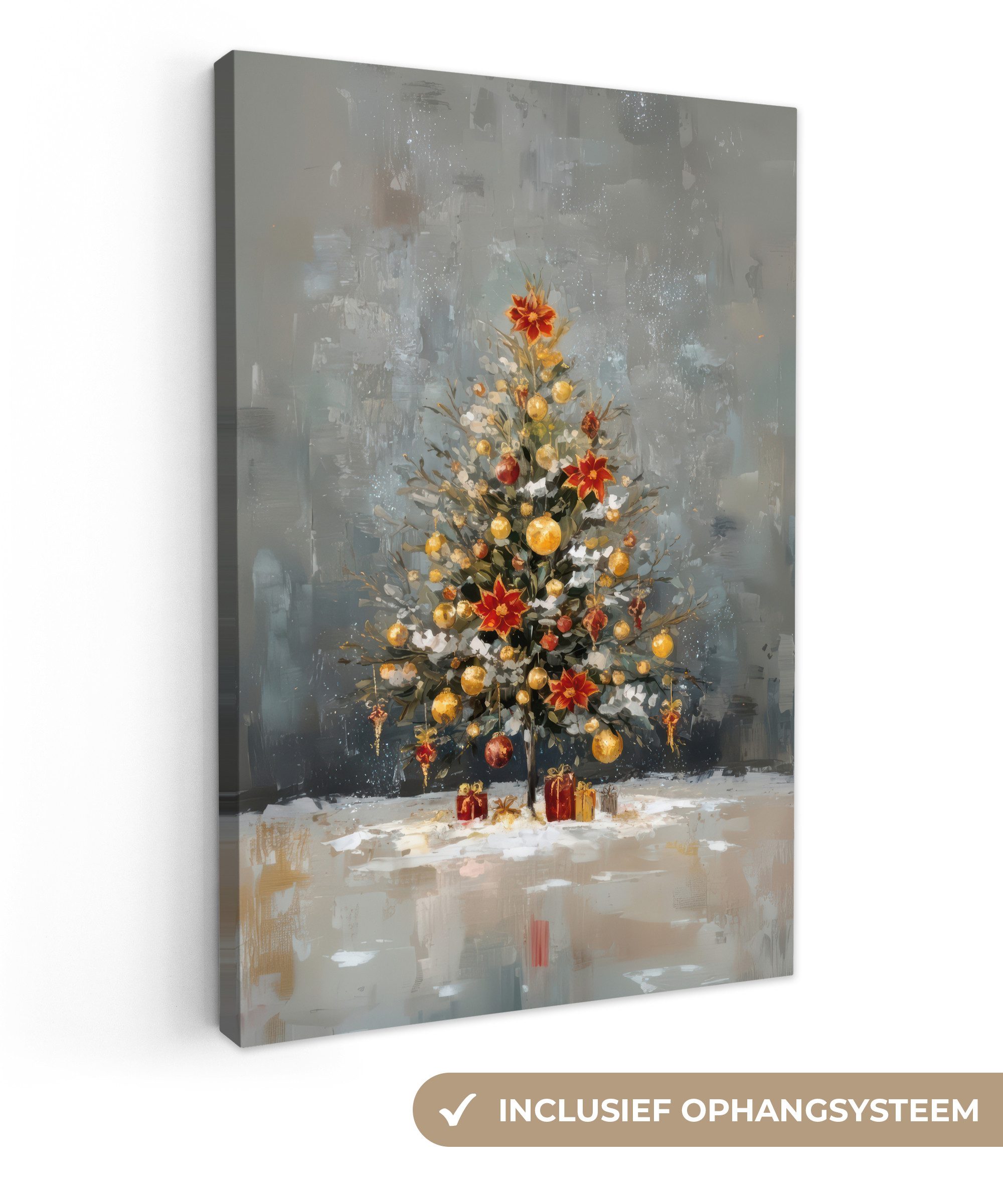 OneMillionCanvasses® Leinwandbild Weihnachtsbaum - Geschenke - Rot - Gold, Fotodruck (1 St), Leinwand Canvas Wandbild, Wanddekoration 20x30 cm