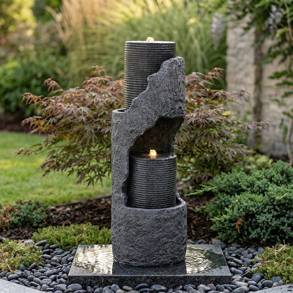 BBWL Zierbrunnen LED Wasserspiel mit Pumpe Kunststein Optik Dekobrunnen, Gartenbrunnen Zimmerbrunnen Terrasse Balkon grau groß