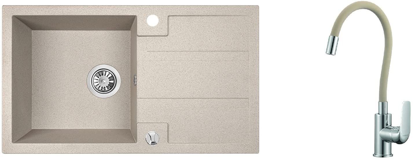 KOLMAN Küchenspüle Elza Set Doppelbecken Granitspüle und Spültischarmatur, Rechteckig, 44/76 cm, Schwarz, Siphon & Ablauf im SET