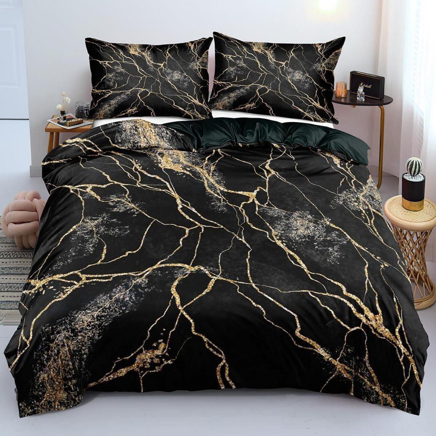 LuxusKollektion Bettwäsche Bettwäsche 135x200 cm 2tlg Marmor Schwarz Gold
