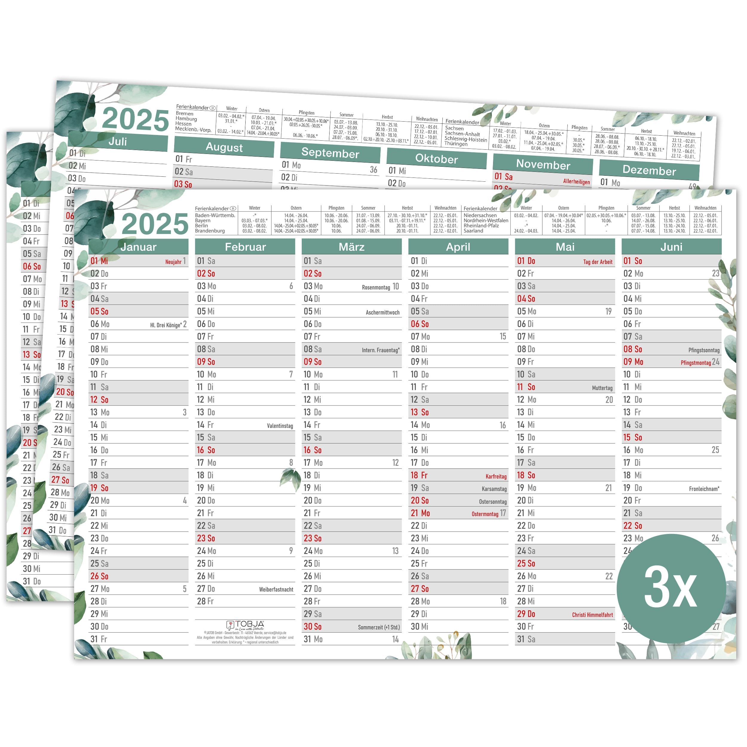 TOBJA Querkalender A4 Tafelkalender Eukalyptus 2025 3er Set, Wandkalender, Jahresplaner, Urlaubsplaner A4, Kalender 2025