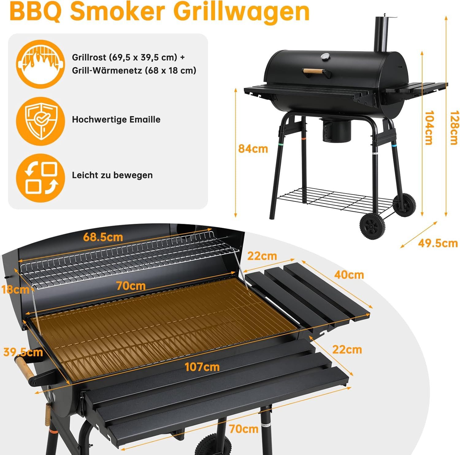TLGREEN Holzkohlegrill BBQ Smoker mit Schornstein & Thermometer, Gartengrill mit abnehmbarem Aschekasten, klappbaren Ablagen und Rädern, Grillwagen, Holzkohle Grill für Garten, Terrasse, Camping, Grillpartys für 6–8 Personen
