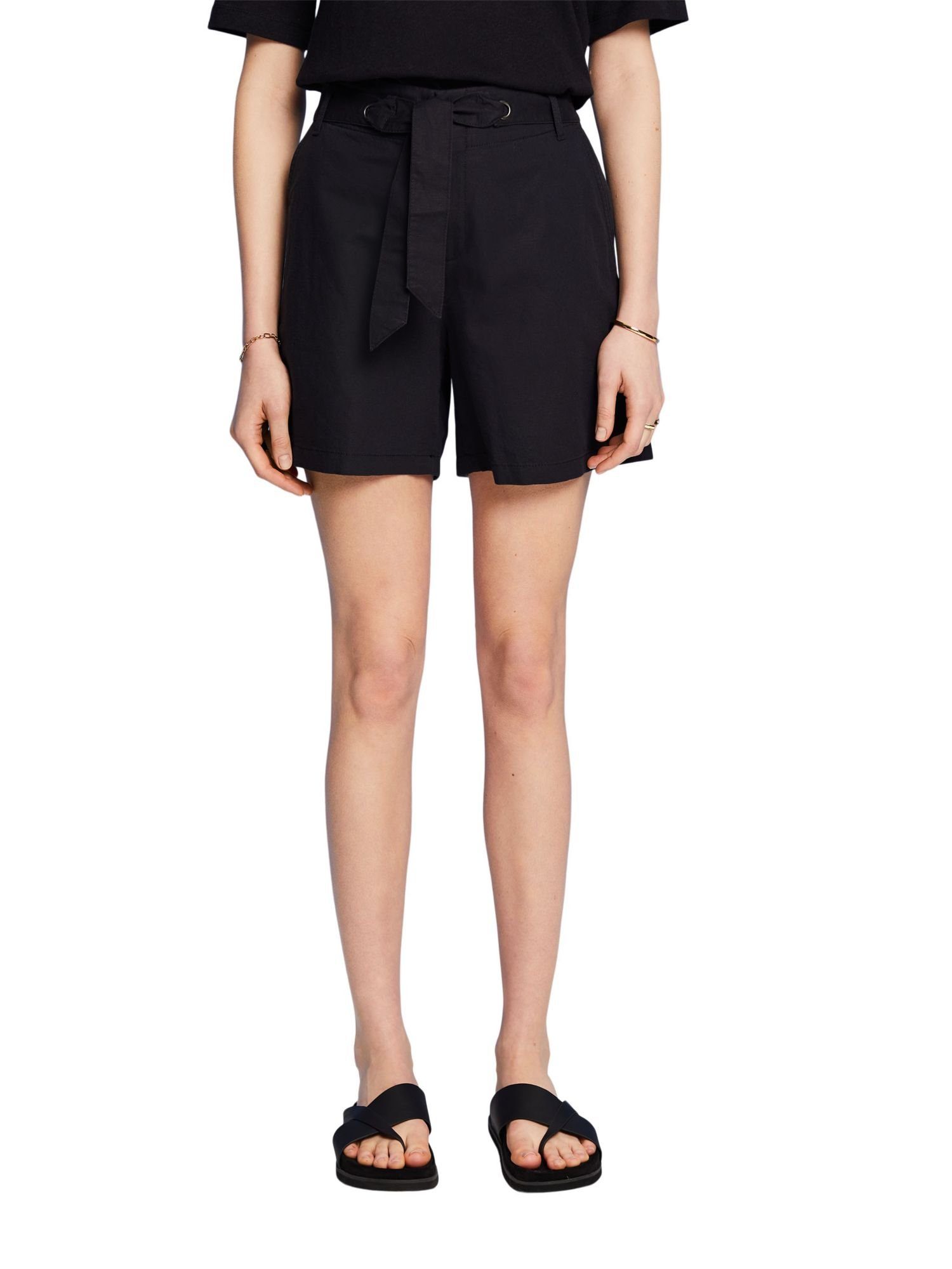 Esprit Shorts Shorts mit BLACK Baumwoll-Leinenmix Bindegürtel, (1-tlg)