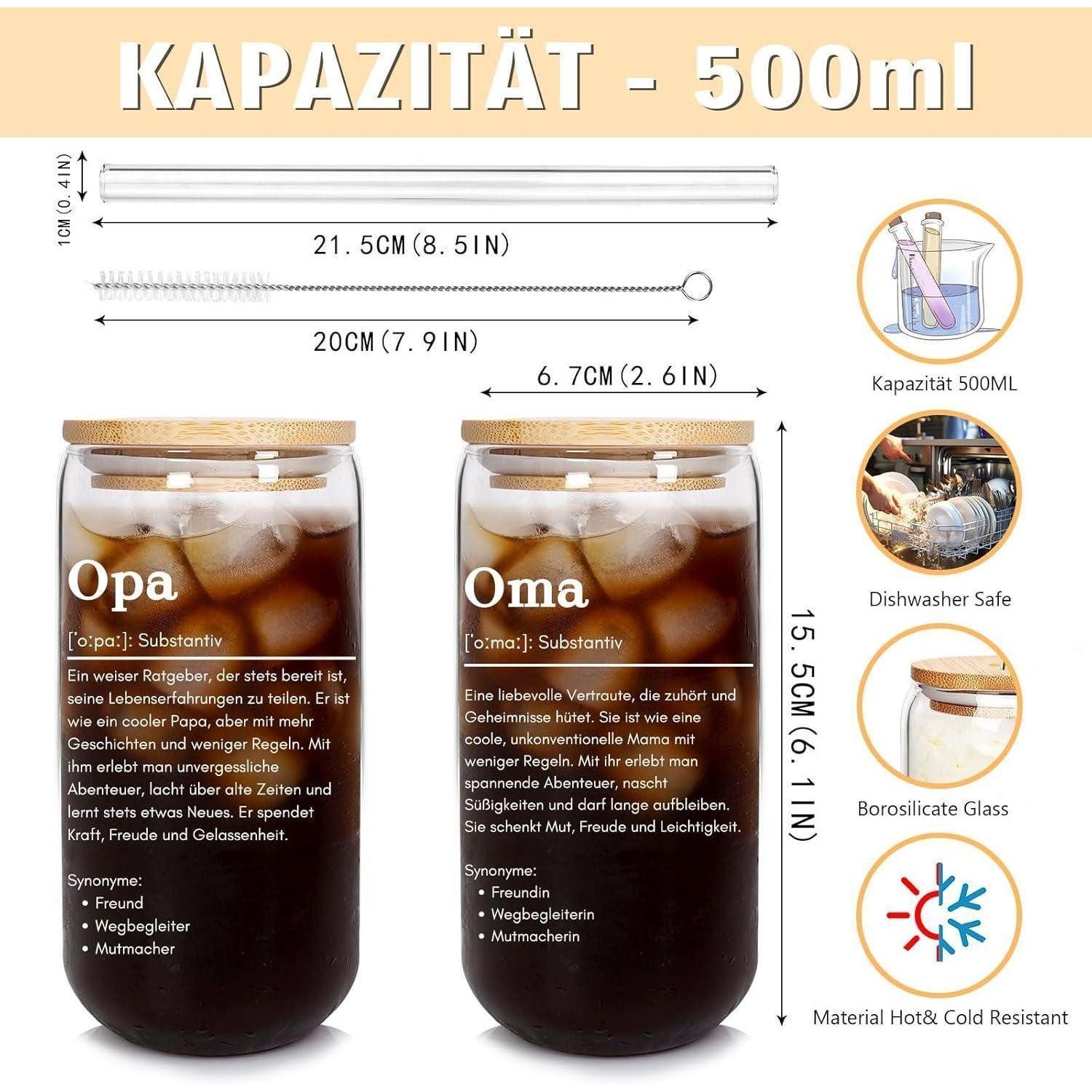LuxusKollektion Gläser-Set Gläser 500ml Deckel Strohhalm Geschenkset Oma Opa OMA-OPA cups
