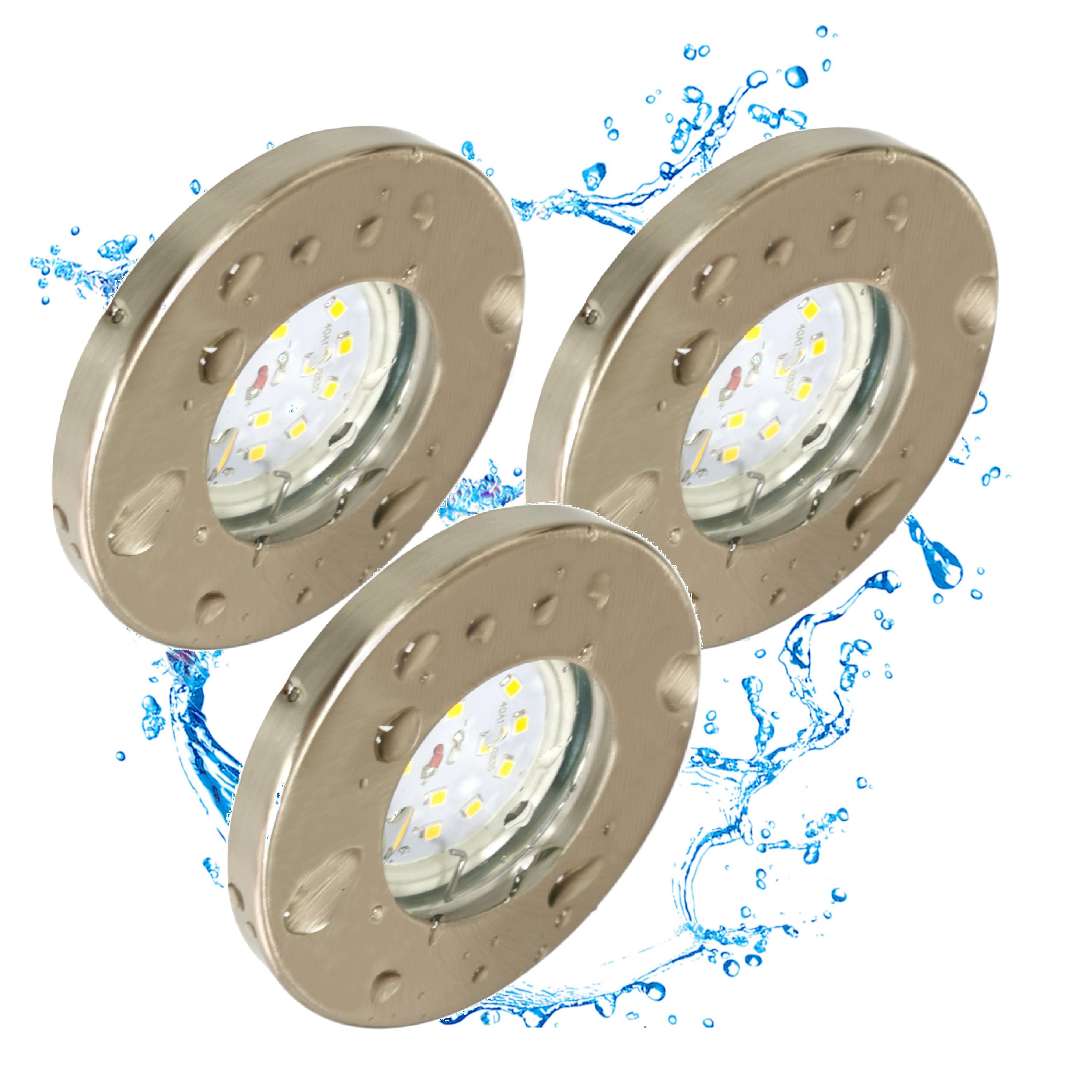 3x 5 3-Stufen 3000K Außen, warmweiß Einbauleuchte, Deckenspots LED Einbauspot, Set 6729IP65-032GUSDAK Watt Edelstahl IP65 TRANGO LED gebürstet in Leuchtmittel LED dimmbar Deckenleuchte, GU10 inkl. 3er Bad, Einbaustrahler