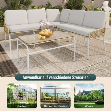 Merax Gartenlounge-Set für 5 Personen mit Stahlrahmen, (3-tlg., 1 3-Sitzer Sessel, 1 2-Sitzer Sessel, 1 Couchtisch), Balkonset Rope Lounge, Gartenmöbel Set Landhaus, Sitzgruppe