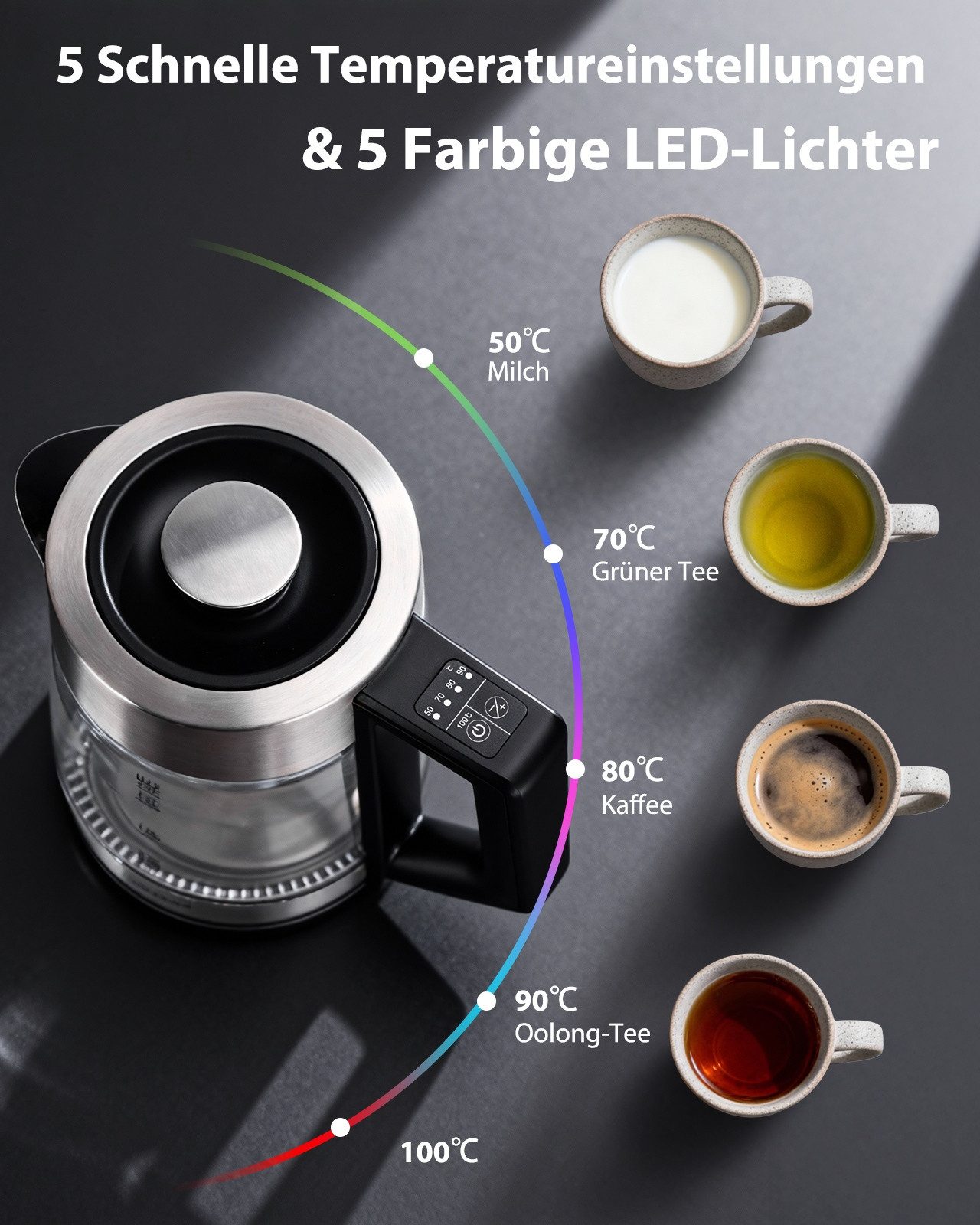 Aigostar Wasserkocher 5 präzise Temperatureinstellungen, Keramikbeschichtung, Kalkfrei, 1.7 l, 2200 W, Keramikbeschichtung, Schnelles Kochen, Warmhaltefunktion, BPA-frei