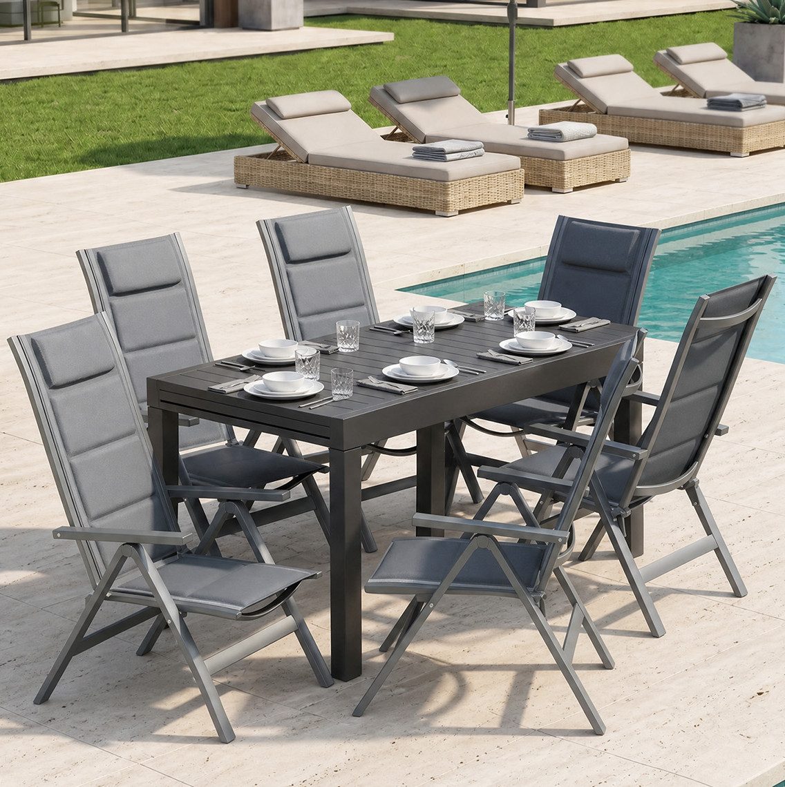 HOMALL Garten-Essgruppe Aluminium Ausziehbarer Esstisch und 7-fach verstellbarer Klappstuhl, (7-tlg), Ausziehtisch und Klappstuhl Aluminiumrahmen witterungsbeständig