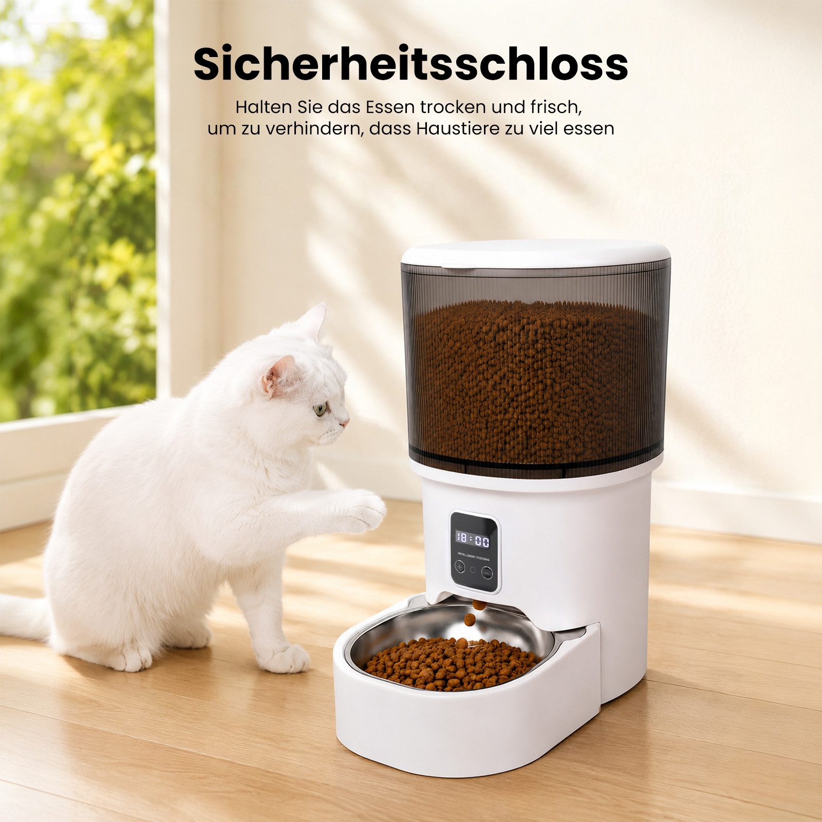 DAITORE Katzen-Futterautomat 4L Katzenfutter Automat, 1-6 Mahlzeiten pro Tag, Edelstahlnapf, Doppelte Stromversorgung/LCD-Display/zeitgesteuerte Fütterung