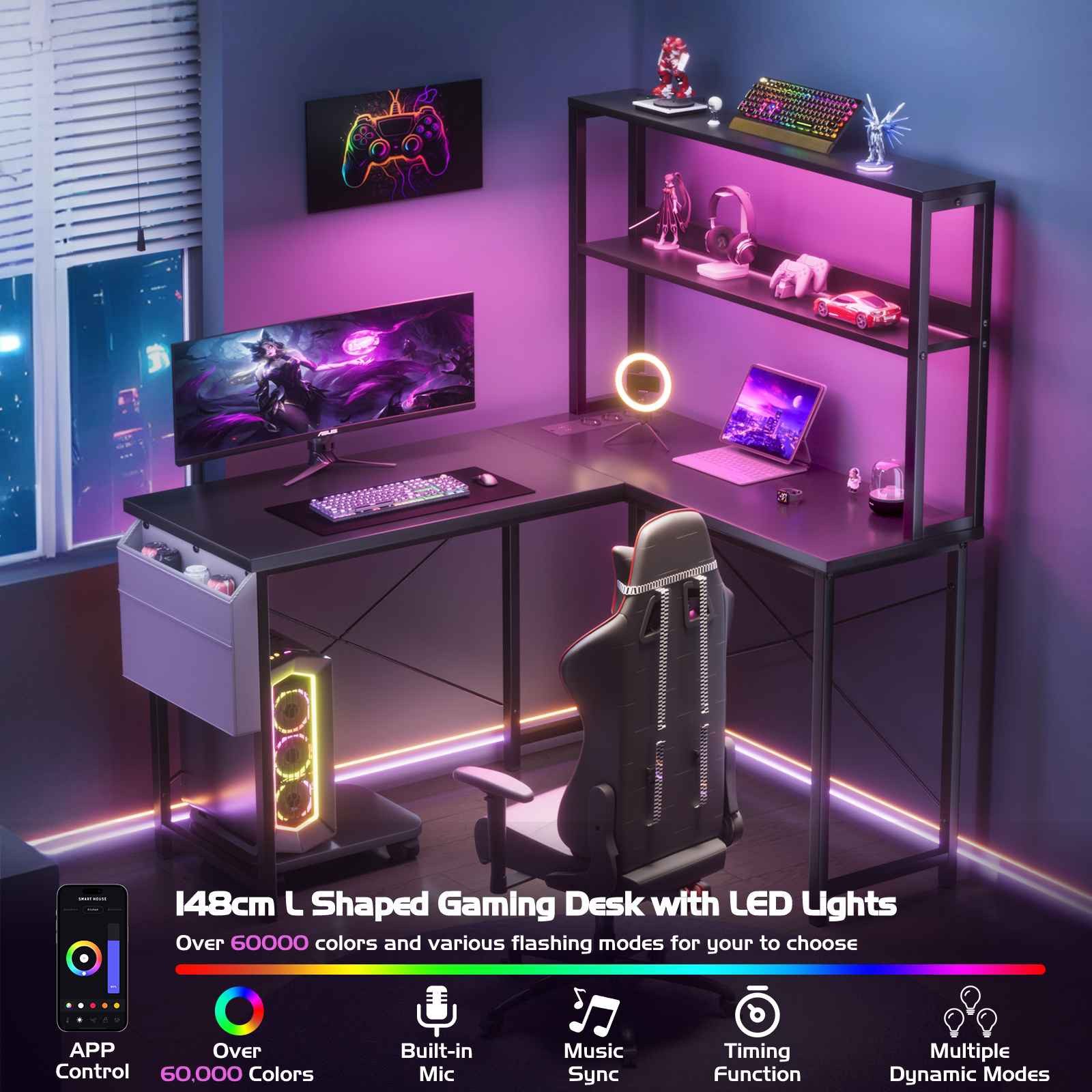 BBWL Computertisch Doppelstock-Computertisch mit RGB-LED, integrierter Steckdosenleiste, 15 mm Spanplatte P2, PVC-Kanten und flexiblem PC-Halter