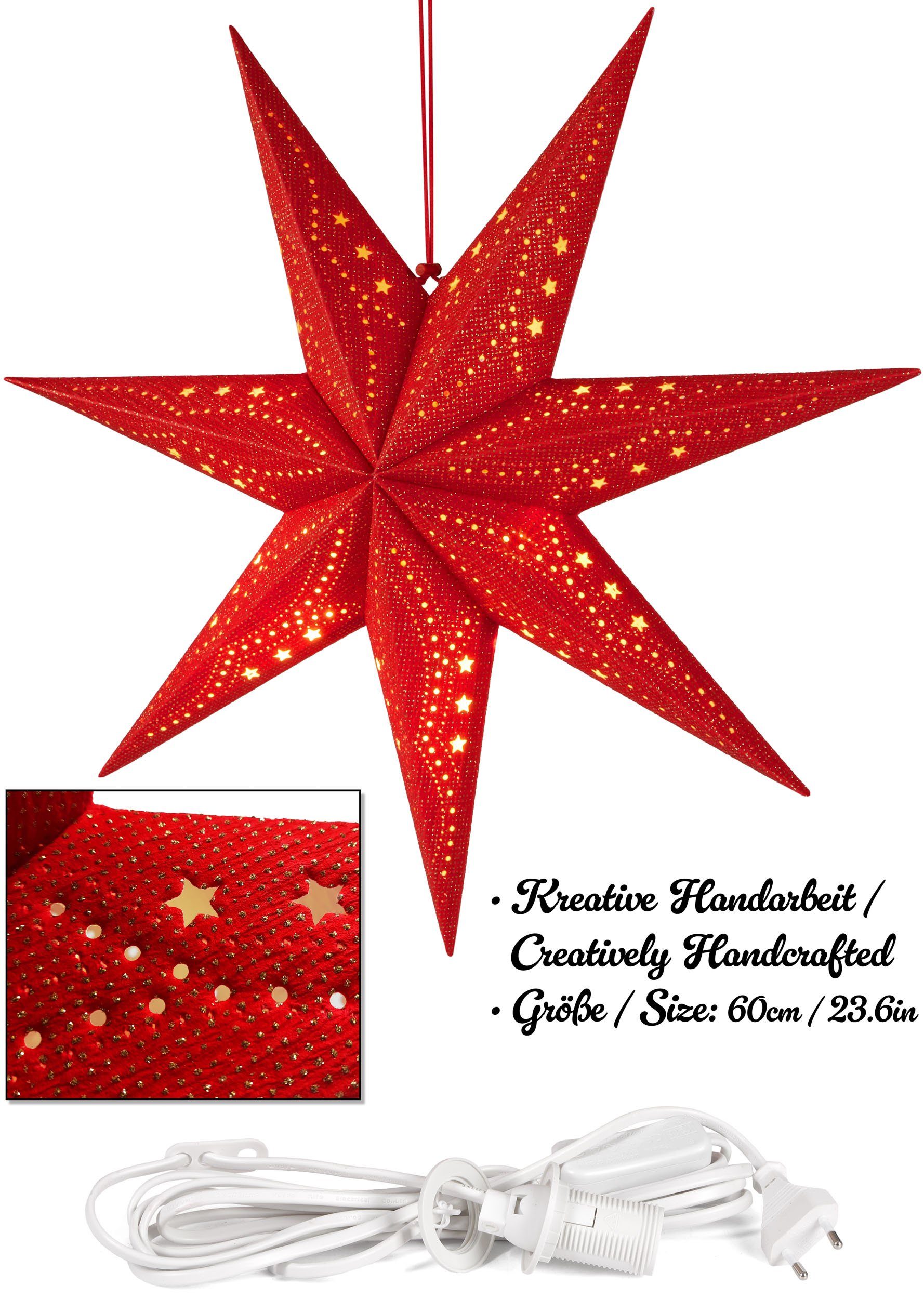60 Weihnachten - zum Papierstern Weihnachtsstern Leuchtstern E14 Fenster m Aufhängen Rot Dekostern 3,5 1 Fassung, Adventsstern cm - BRUBAKER mit Kabel mit Deko St., 3D