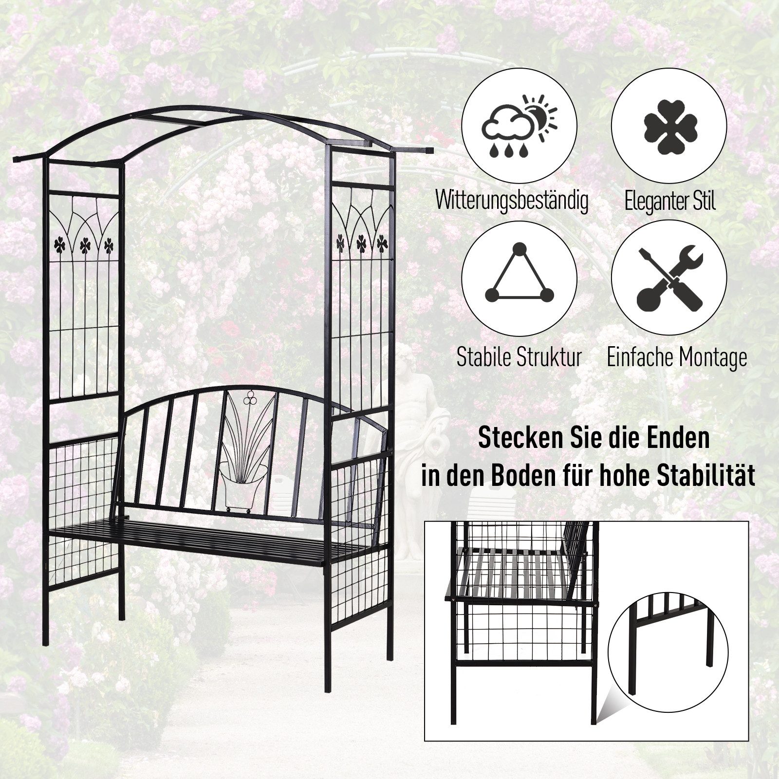 Outsunny Rosenbogen Torbogen Rankgitter Rankhilfe Garten Bogendach Sitzbank, 1 St., Pflanzbogen mit Bank, Metall Schwarz 154 x 60 x 205 cm – Bild 5 von 5