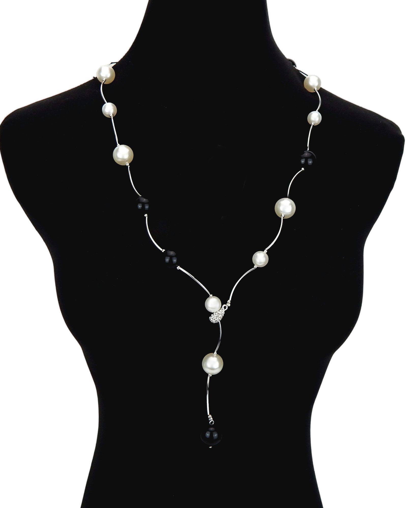 Ella Jonte Perlenkette, lange Halskette silber weiß schwarz Strass Y-Kette günstig online kaufen