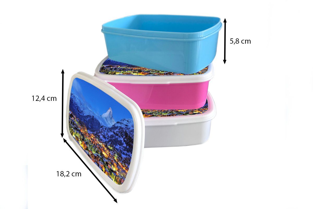 in Kinder und und Schweizer dem MuchoWow weiß Erwachsene, Lunchbox Brotbox Jungs Kunststoff, (2-tlg), für für Sonnenaufgang Mädchen Brotdose, Zermatt, Matterhorn über