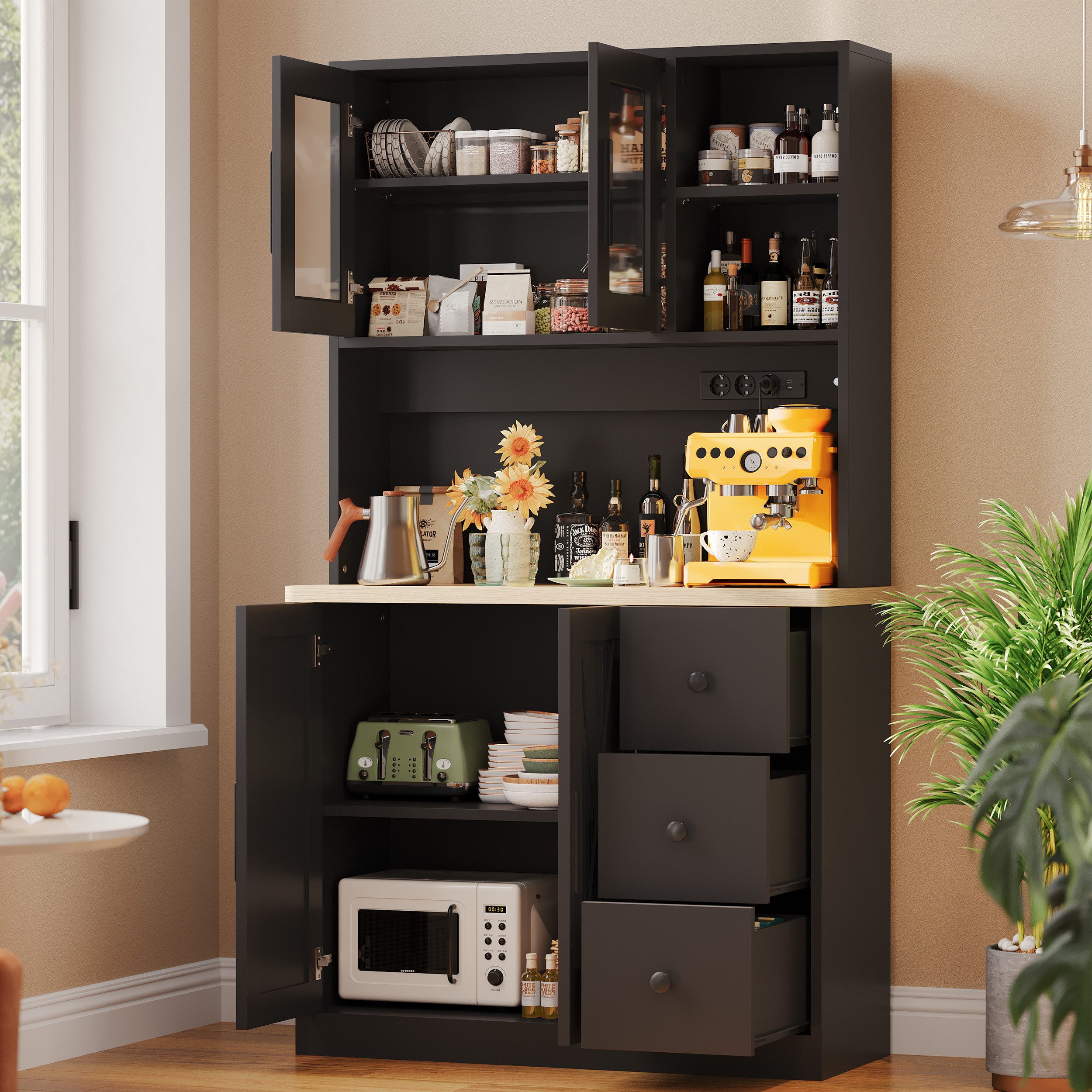 HOMALL Küchenbuffet Hohe Schränke, Küchenzeilen, Sideboards, mit LED-Beleuchtung (Maße: 80/100 × 40 × 182 cm, mit 3 Schubladen + 3 Schranktüren + 1 offenem Stau – Bild 3 von 5