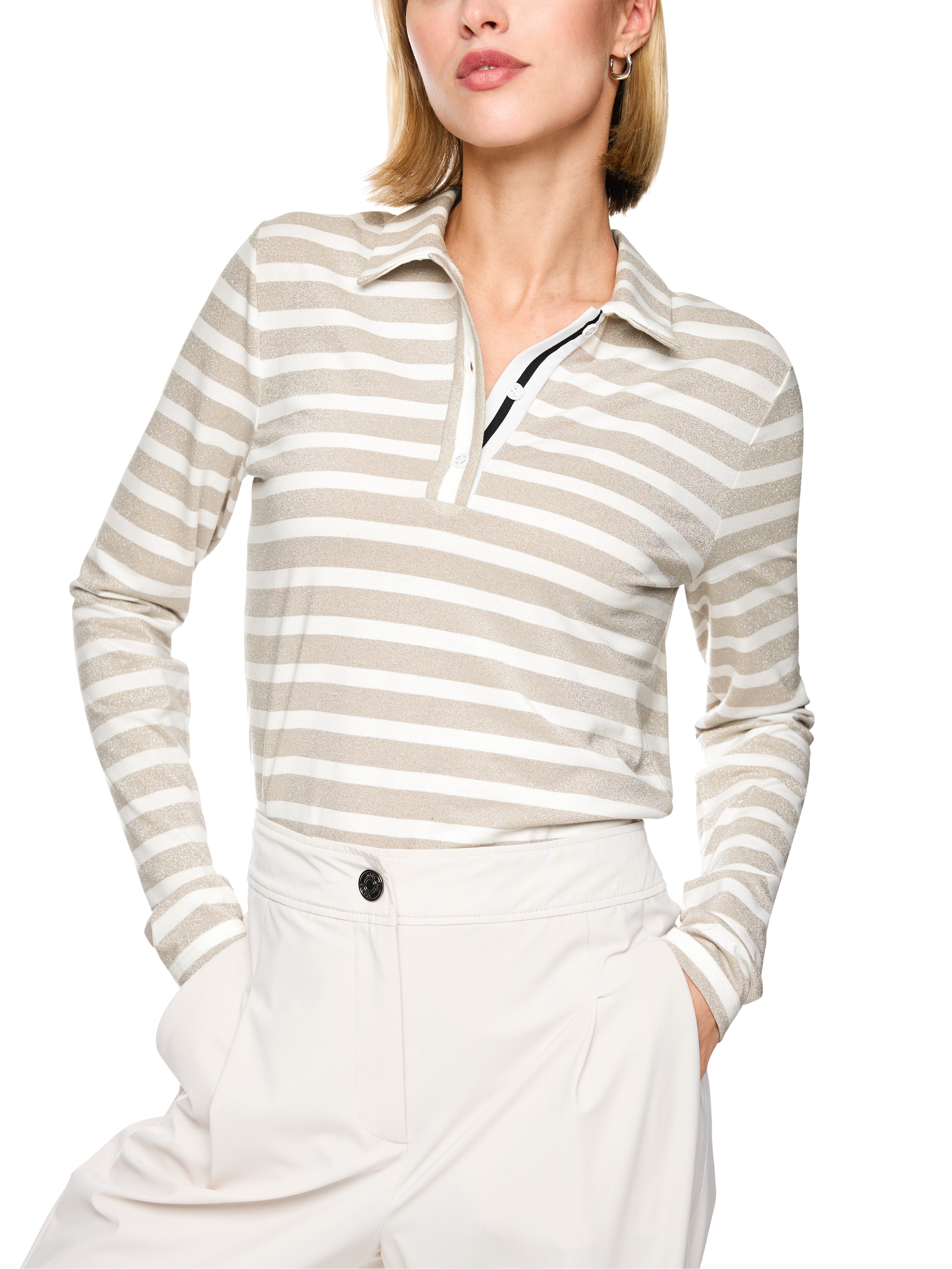 Marc Cain Langarm-Poloshirt Golden Hour Premium Damenmode mit Lurex-Glow