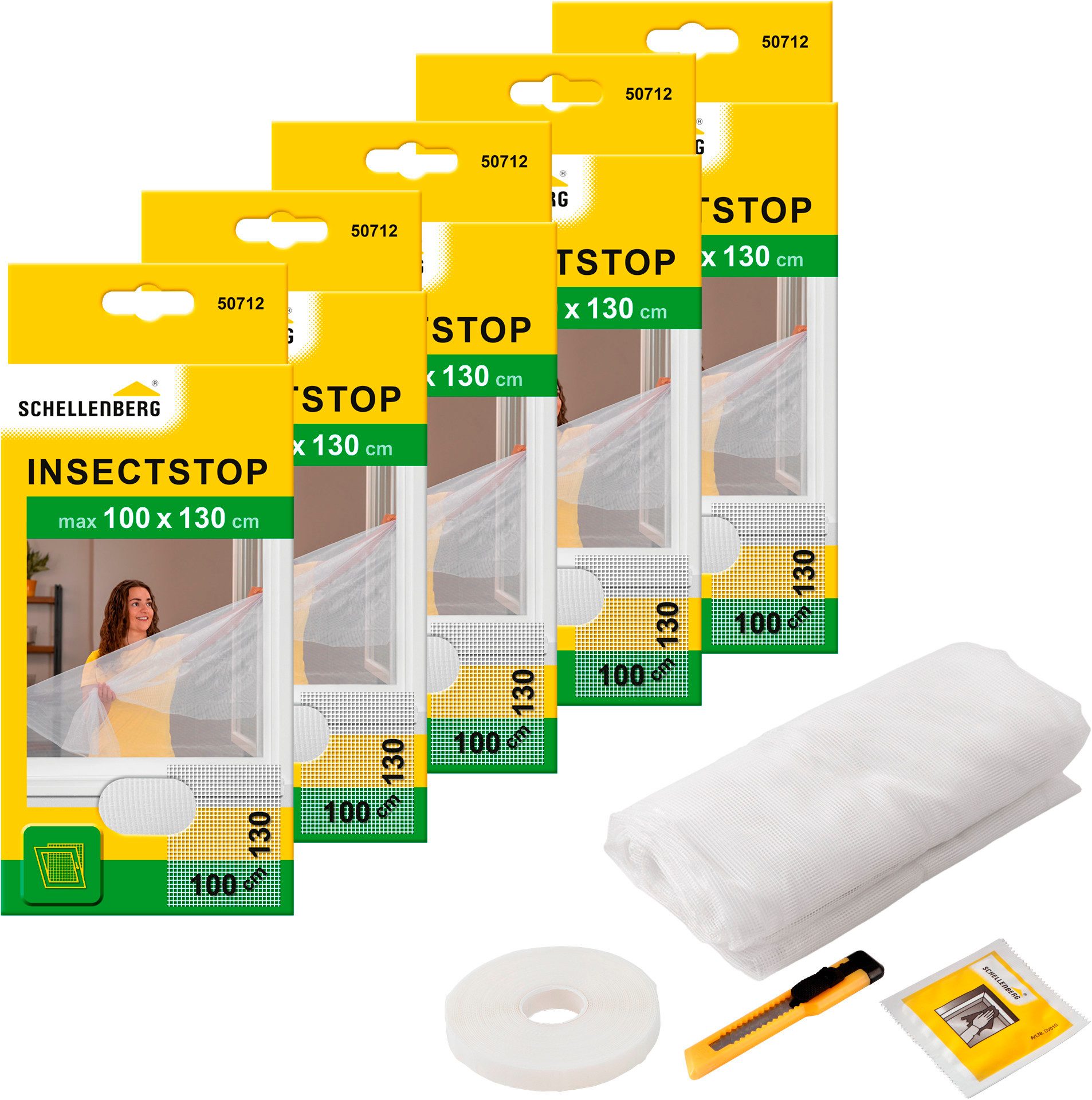 SCHELLENBERG Fliegengitter-Gewebe für Fenster ohne bohren, (Set, 5-St), Insektenschutz mit Klettband, 100 x 130 cm, anthrazit und weiß