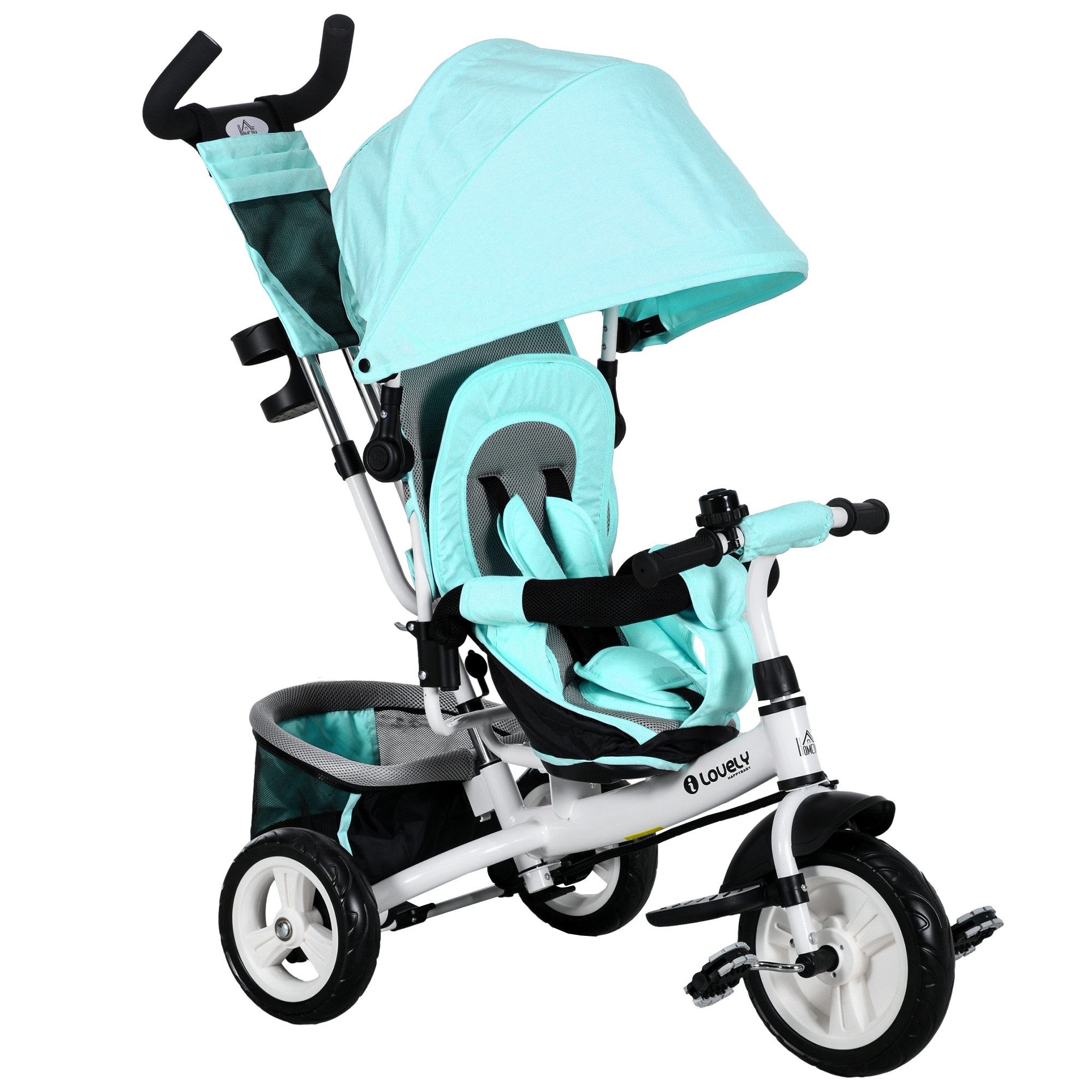 HOMCOM Dreirad 6-in-1 Kinderdreirad mit Schubstange, für 1-5 Jahre bis 25kg, Grün, abnehmbarem Verdeck, 5-Punkt-Sicherheitsgurt