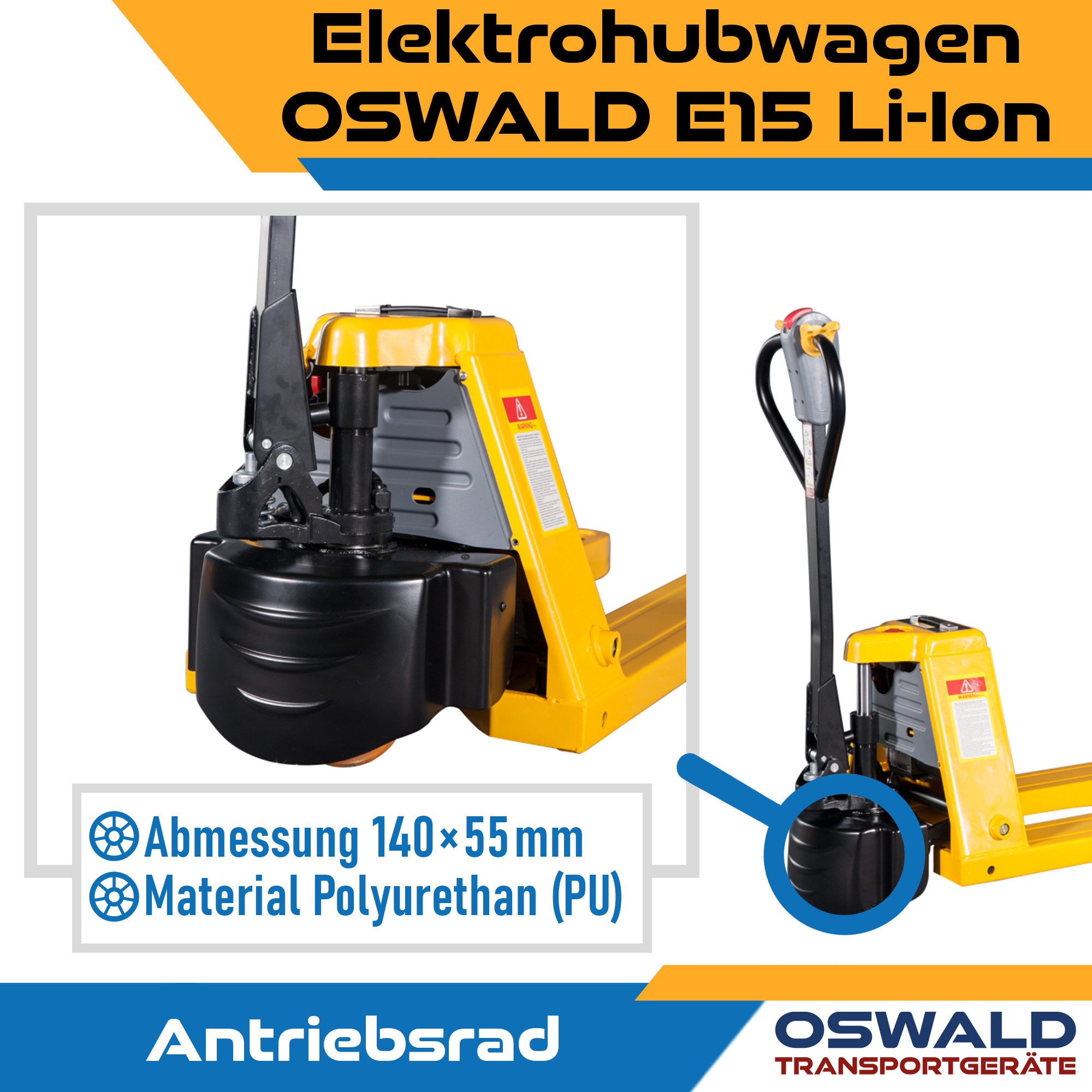 OSWALD Transportgeräte Gabelhubwagen Elektrohubwagen OSWALD E15 Li-Ion 1500 kg 1150 mm Hubwagen elektrisch – Bild 5 von 5