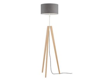 meineWunschleuchte LED Stehlampe, höhenverstellbar, LED wechselbar, Warmweiß, Dreibein Holz-Lampe dimmbar mit Leinen Lampenschirm Grau, 140-164cm