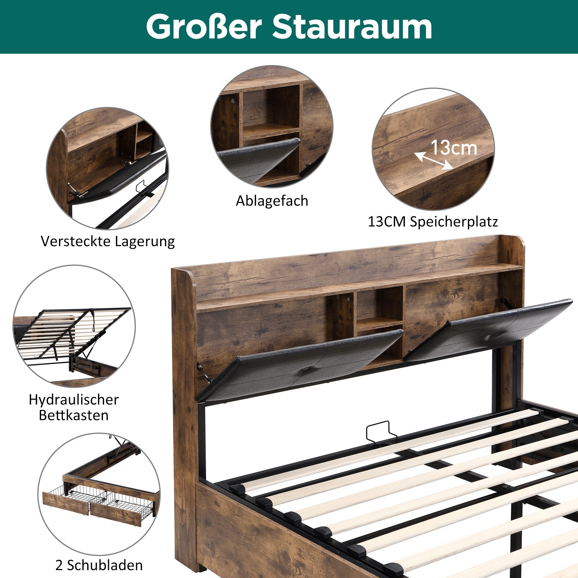 Flieks Holzbett, Hydraulisches Metallbett 160x200cm mit Stauraumkopfteil 2 günstig online kaufen