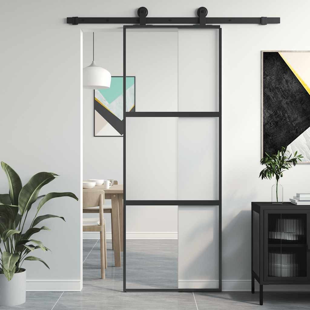 vidaXL Haustür Schiebetür Schwarz 76x205 cm Hartglas und Aluminium (1-St)
