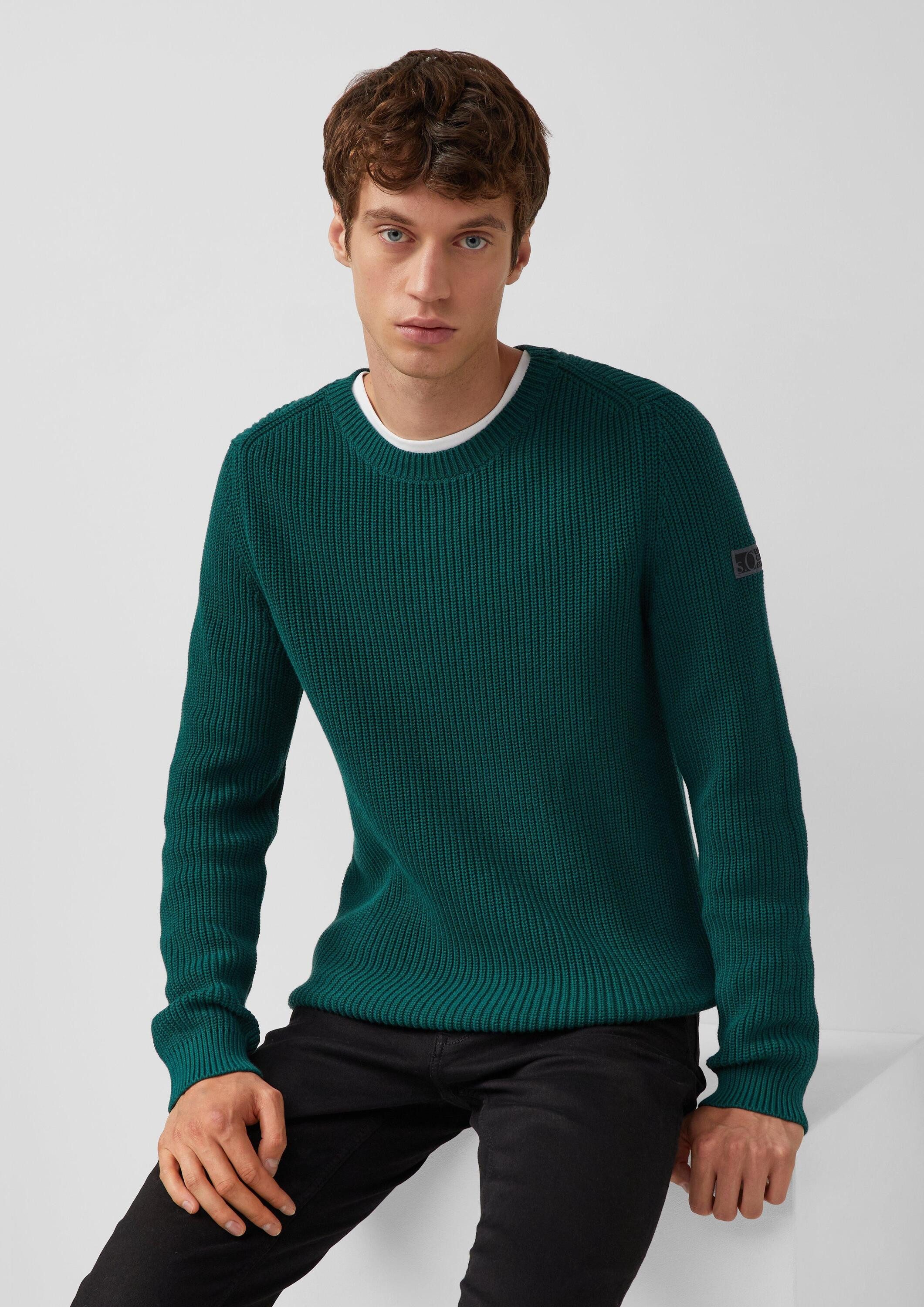 s.Oliver Longpullover Strickpullover Strukturierter Baumwoll-Pullover mit Label-Patch