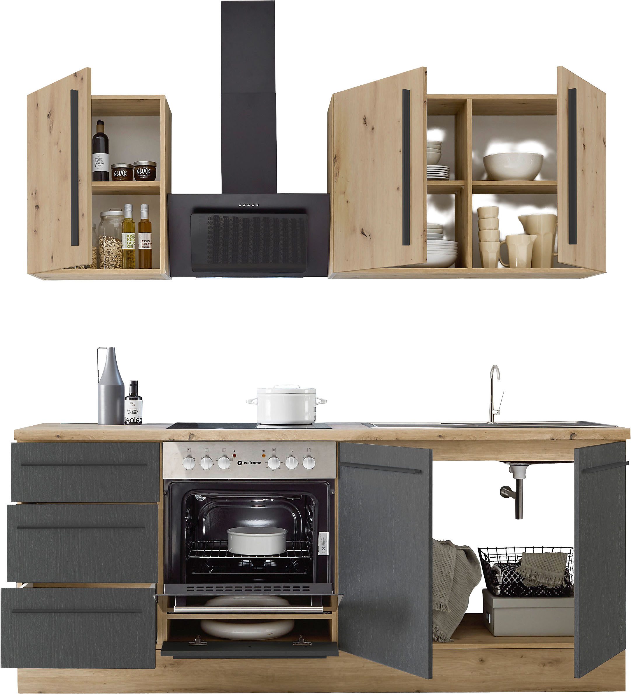 KOCHSTATION Küchenzeile KS-Florida mit 38mm starker Arbeitsplatte, Breite 210 cm, wahlweise mit E-Geräten, Soft-Close-Funktion