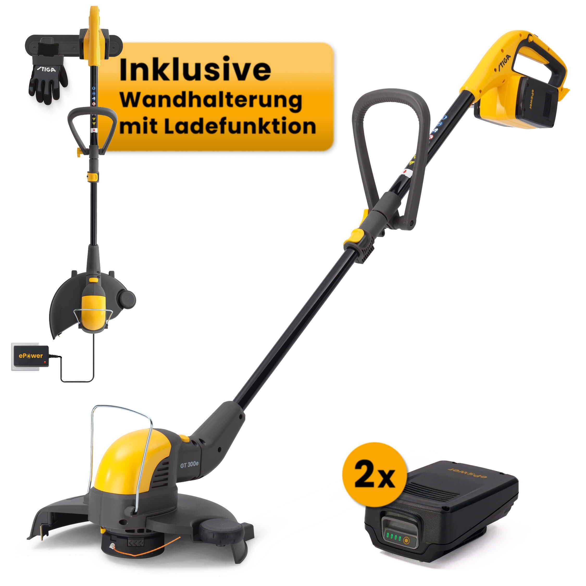 STIGA GARDEN Akku-Rasentrimmer GT 300e, 30 cm Arbeitsbreite Faden, (Set, Inkl. 2x 20 V (2 Ah) Akku, Wandhalterung und Ladegerät)
