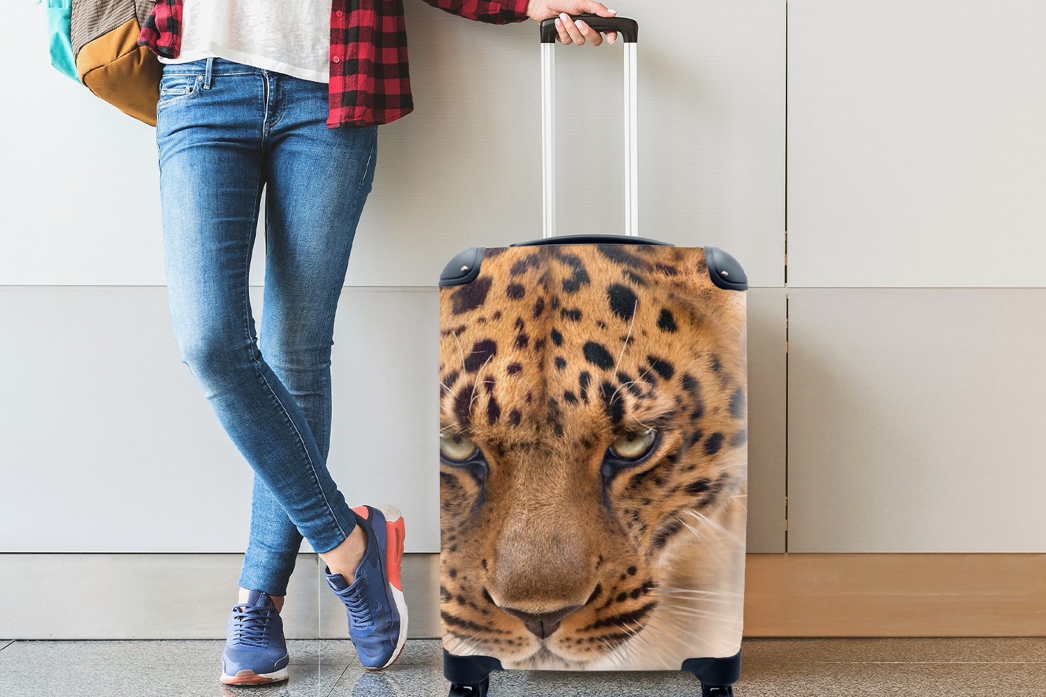 MuchoWow Reisekoffer Gesicht, 4 Handgepäckkoffer Reisetasche Ferien, Handgepäck rollen, Rollen, für Porträt - Leopard mit Trolley, -